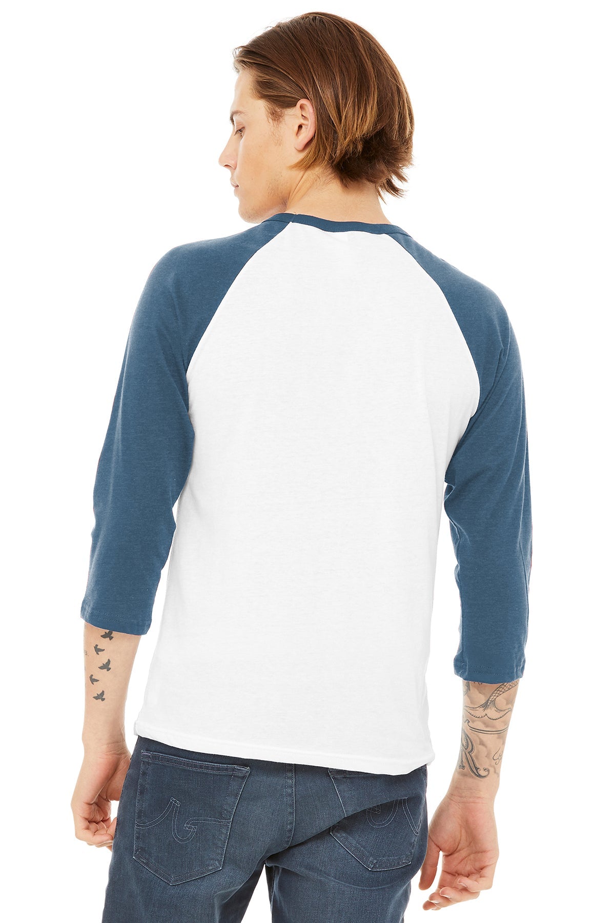 bella + canvas unisex 3/4-sleeve baseball t-shirt 3200 white/ denim