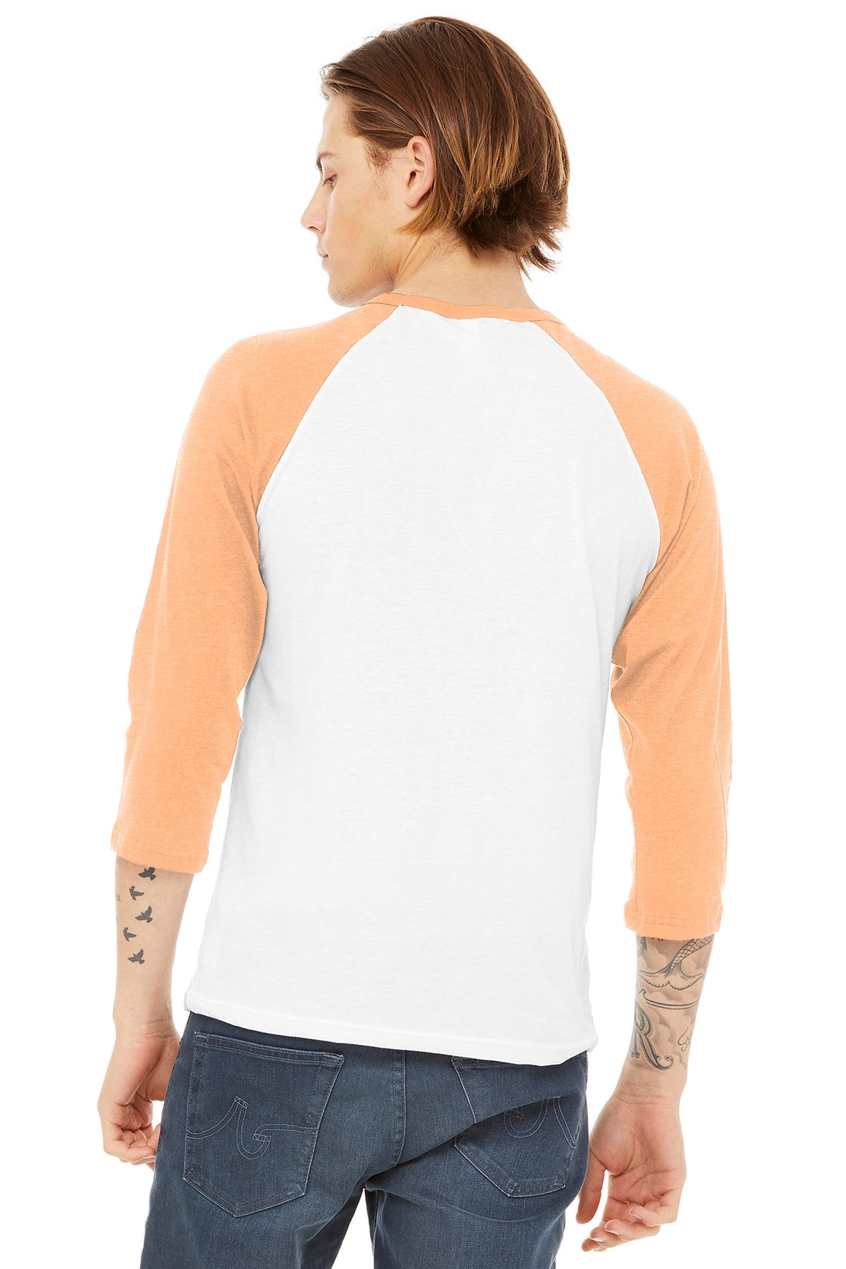 bella + canvas unisex 3/4-sleeve baseball t-shirt 3200 wht/ hthr peach