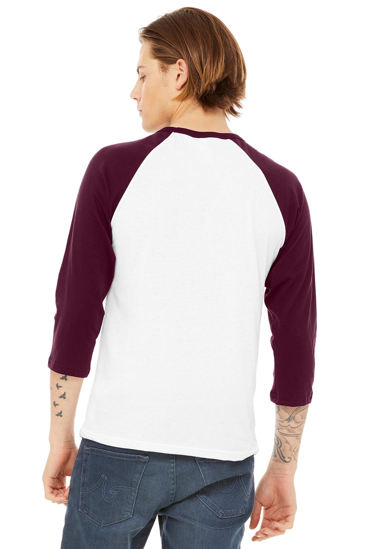 bella + canvas unisex 3/4-sleeve baseball t-shirt 3200 white/ maroon