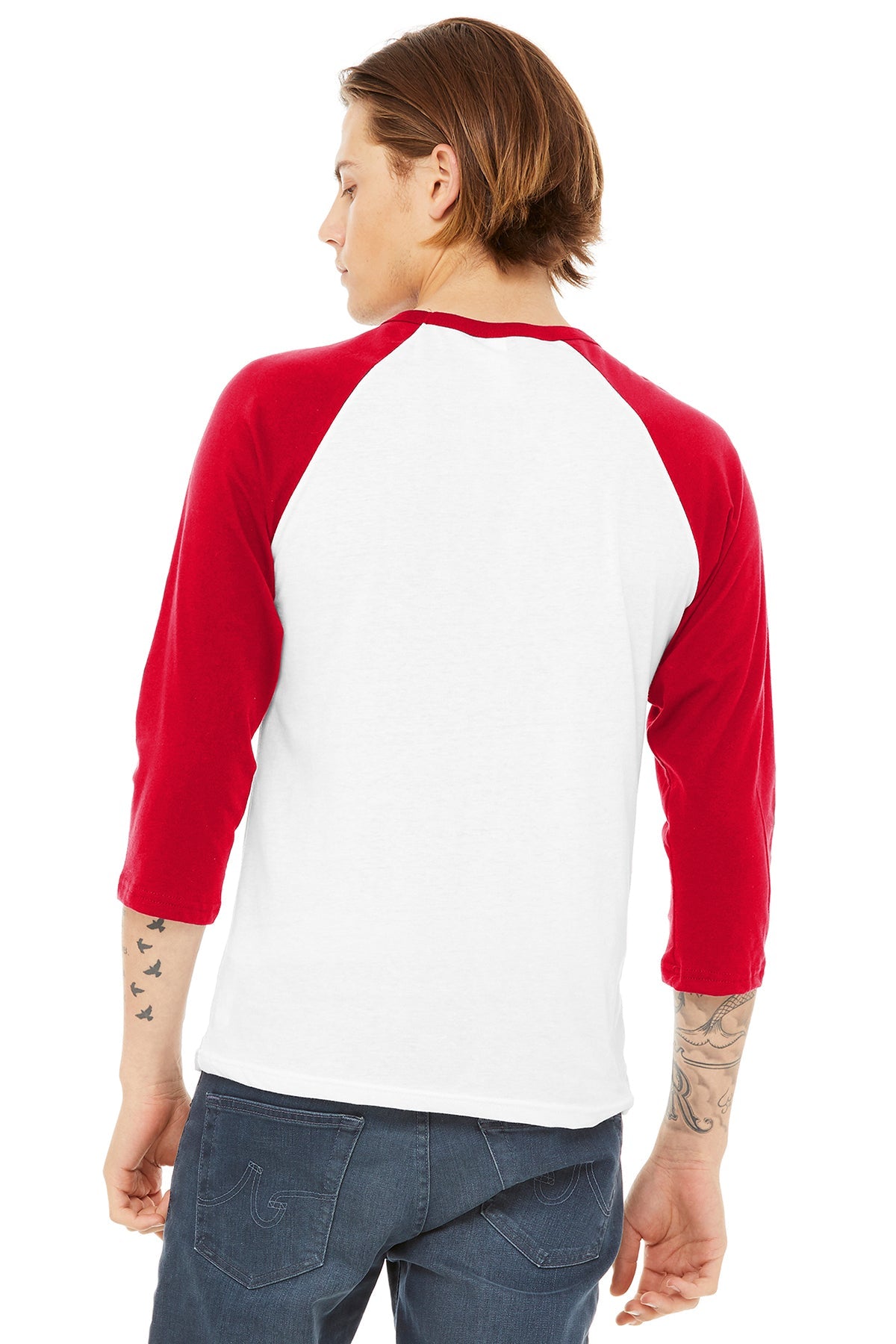 bella + canvas unisex 3/4-sleeve baseball t-shirt 3200 white/ red