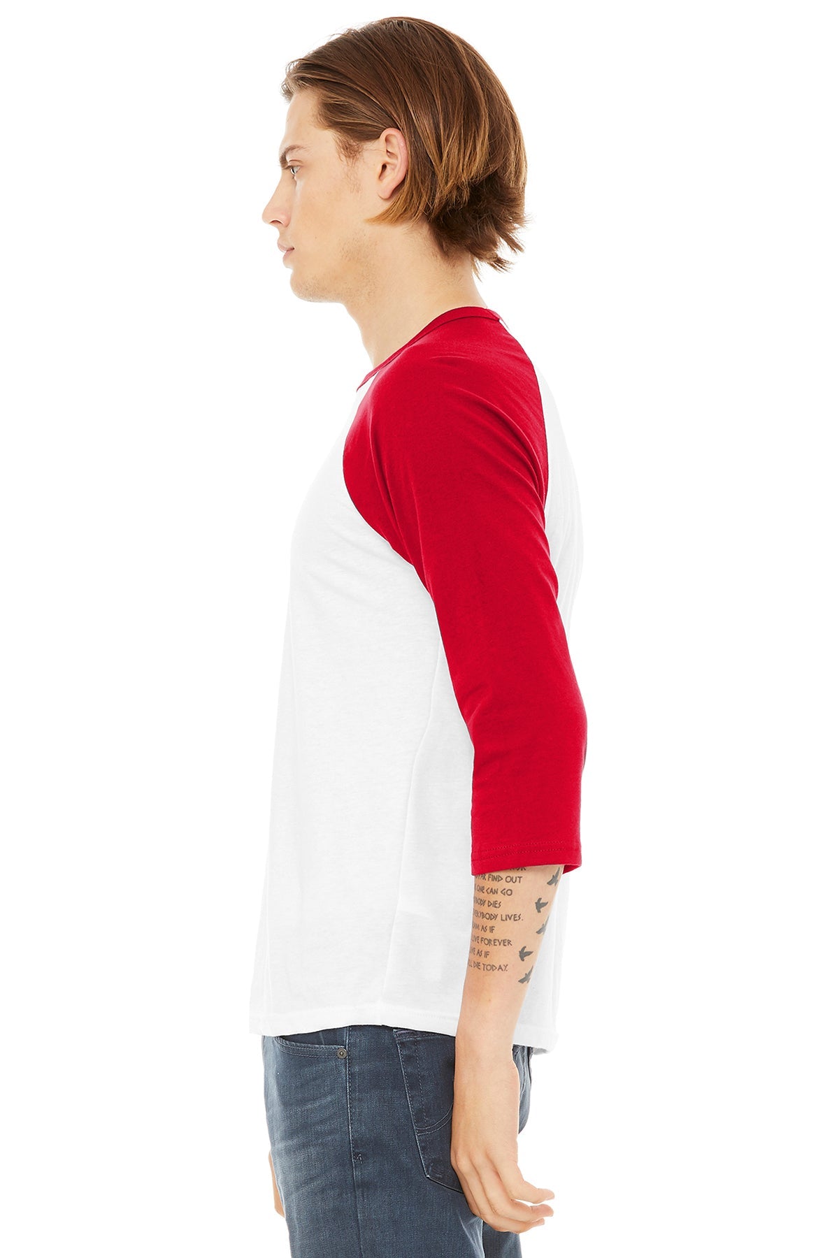 bella + canvas unisex 3/4-sleeve baseball t-shirt 3200 white/ red
