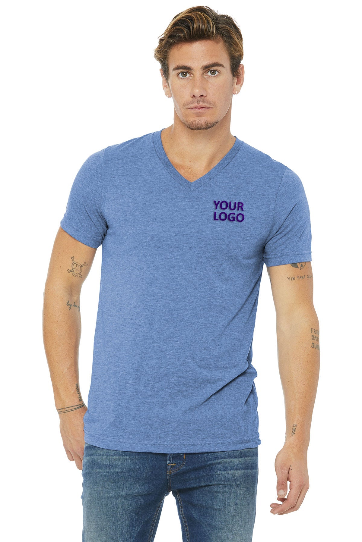 bella + canvas unisex triblend short sleeve v-neck t-shirt 3415c blue triblend