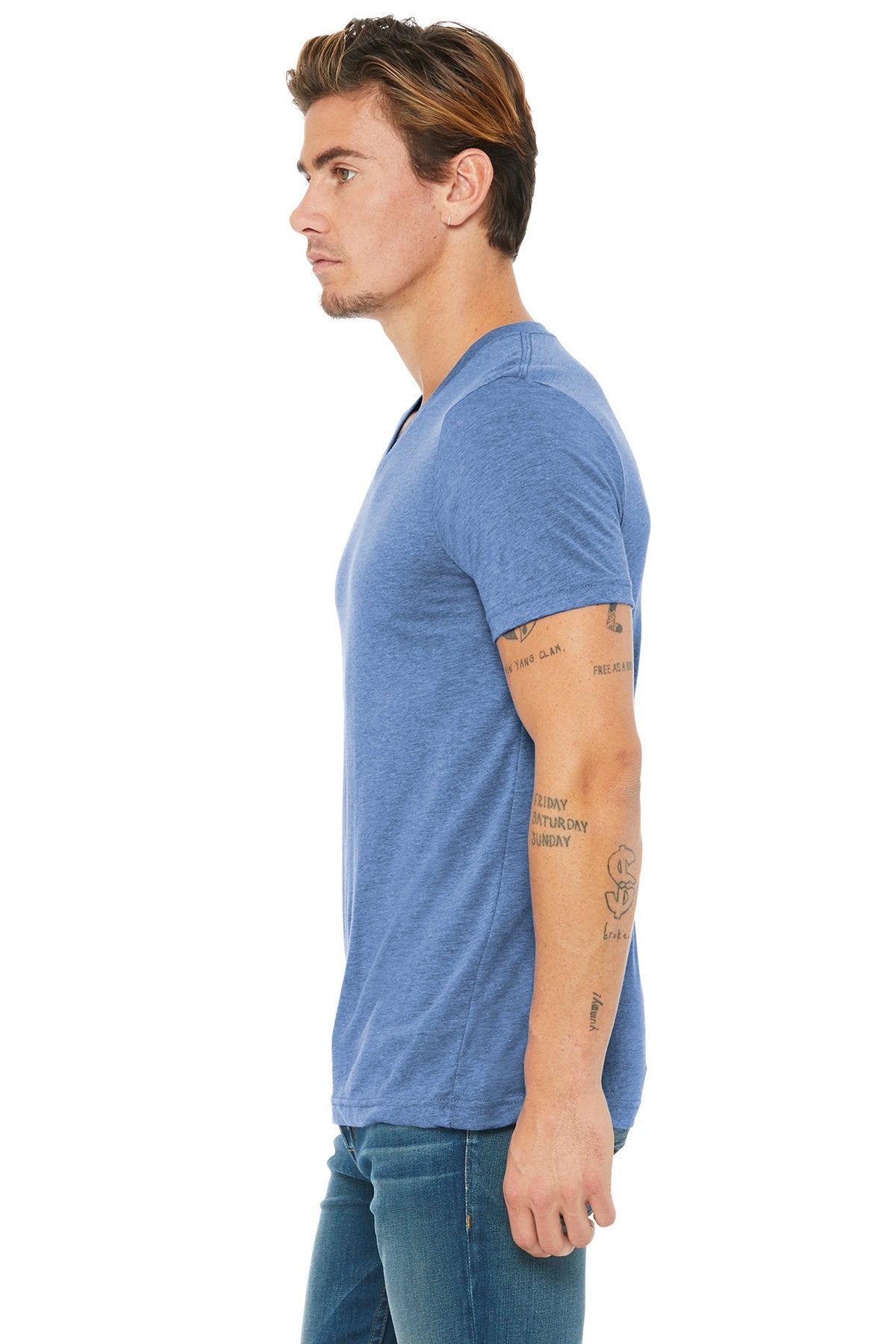 bella + canvas unisex triblend short sleeve v-neck t-shirt 3415c blue triblend