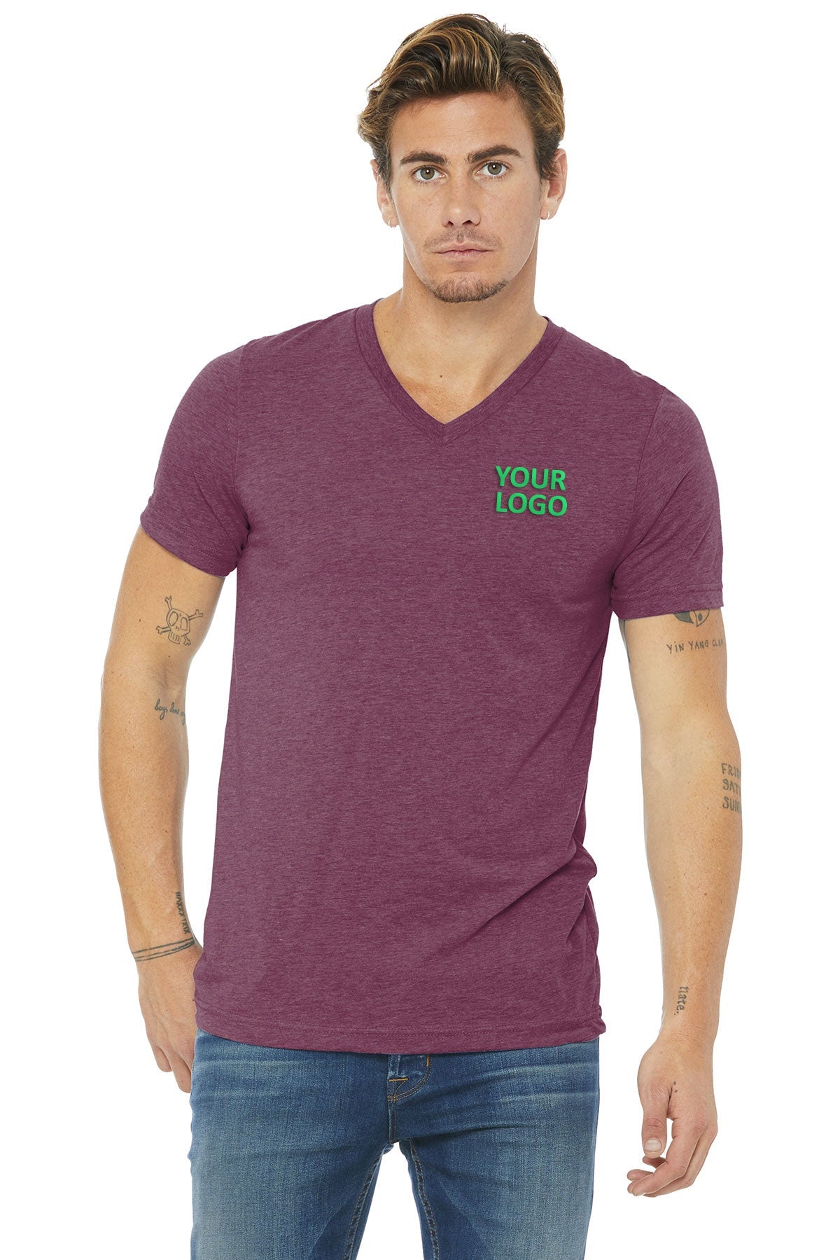 bella + canvas unisex triblend short sleeve v-neck t-shirt 3415c maroon triblend