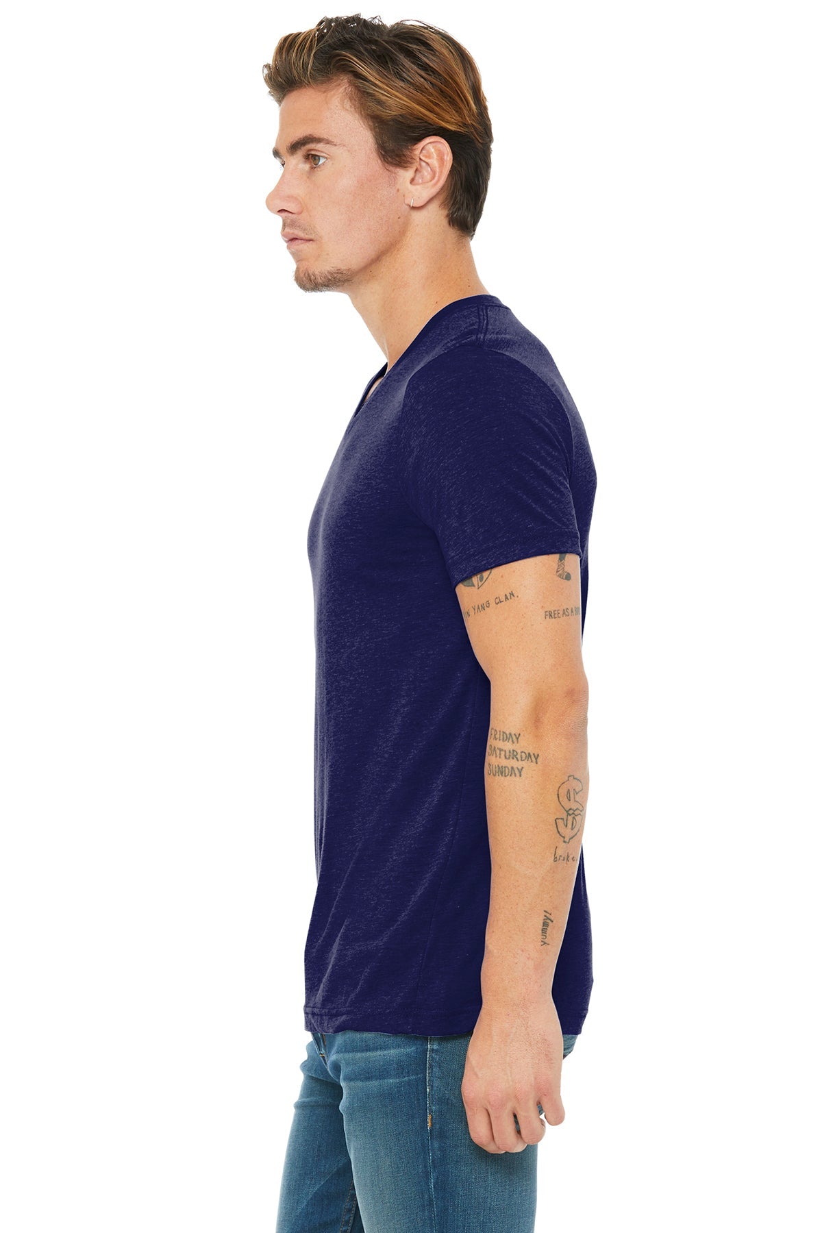 bella + canvas unisex triblend short sleeve v-neck t-shirt 3415c navy triblend