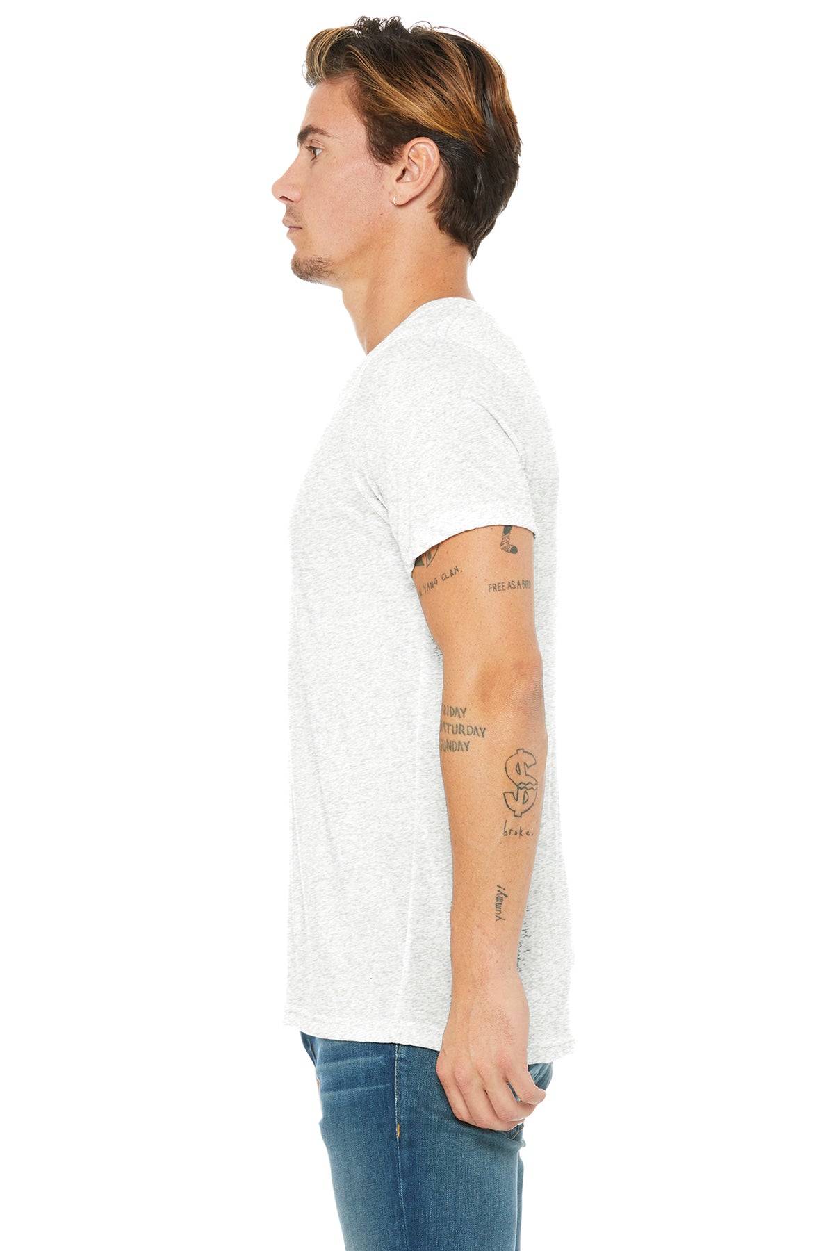 bella + canvas unisex triblend short sleeve v-neck t-shirt 3415c wht flck triblnd