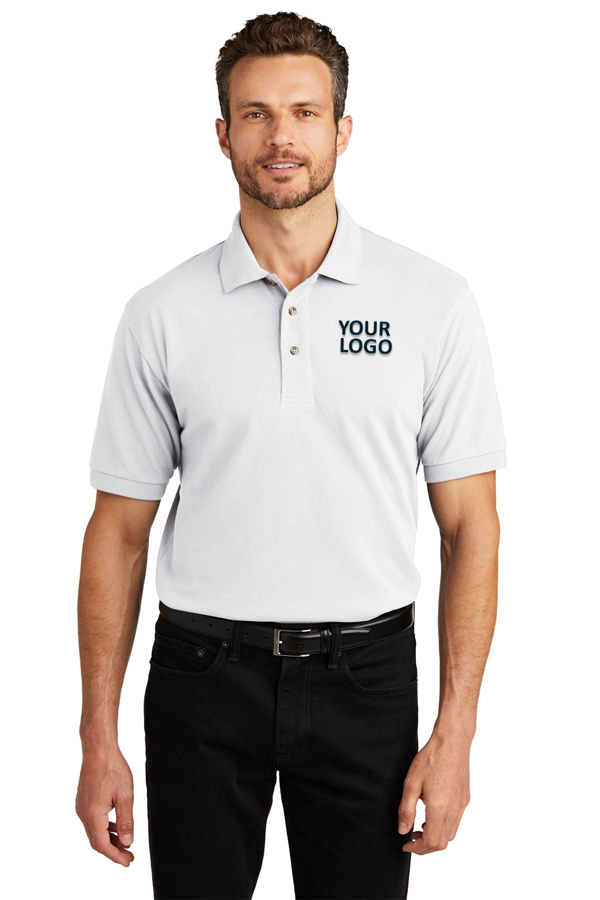 port authority white k420 polo shirts with logo embroidery