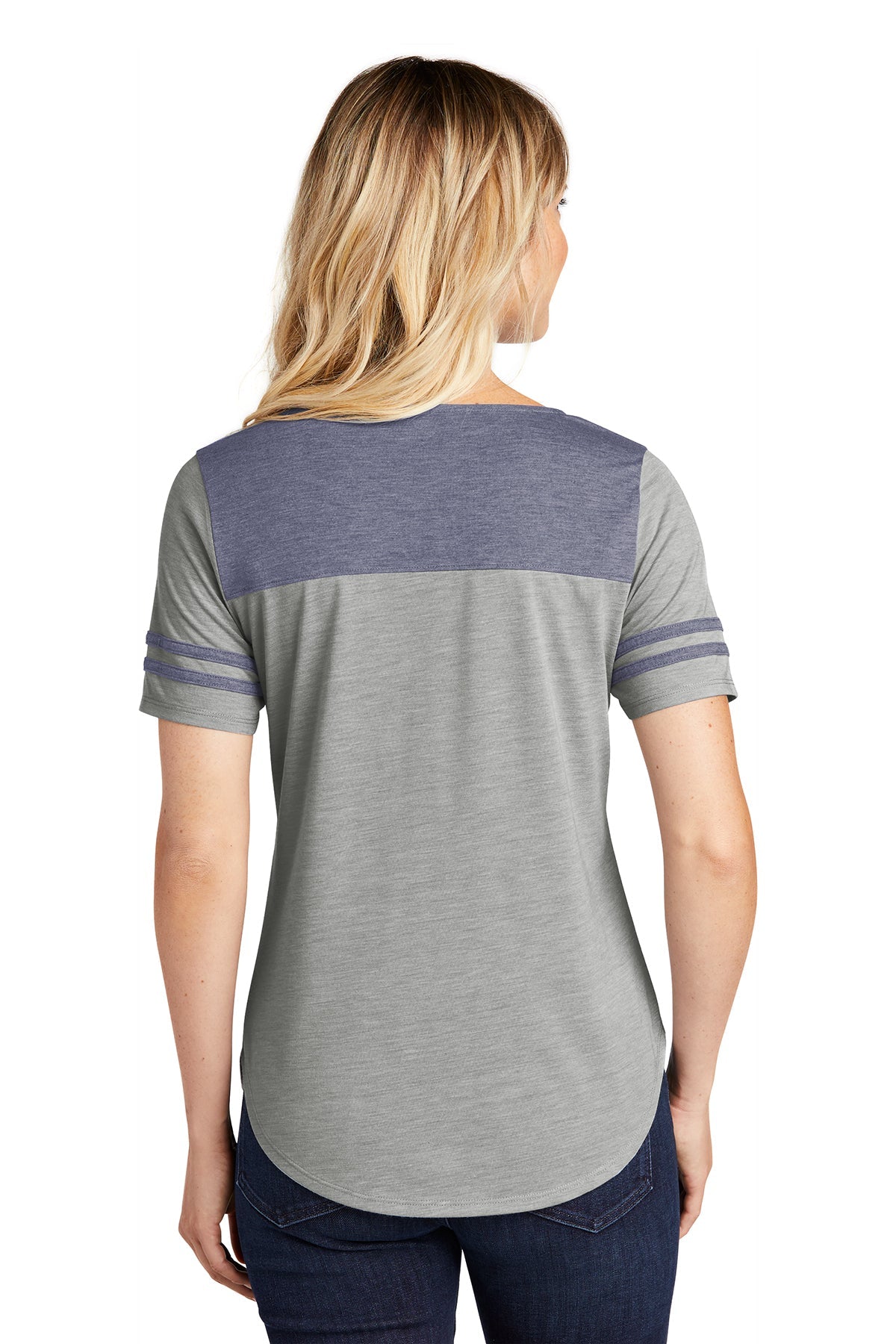 sport-tek ladies posicharge tri-blend wicking fan tee lst403 true navyheather/ light grey heather