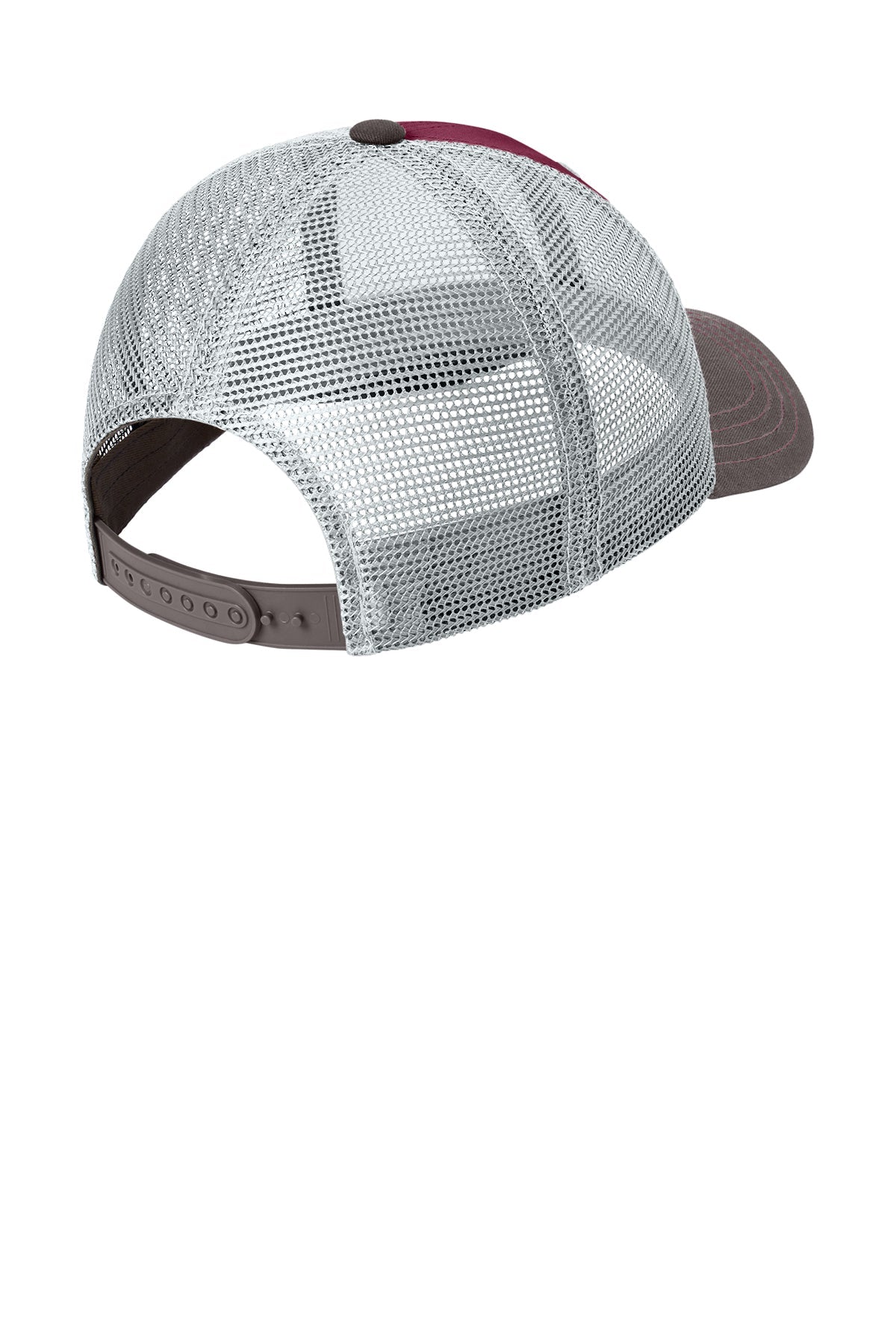 District Tri-Tone Mesh Back Caps, Maroon/Charcoal/Grey