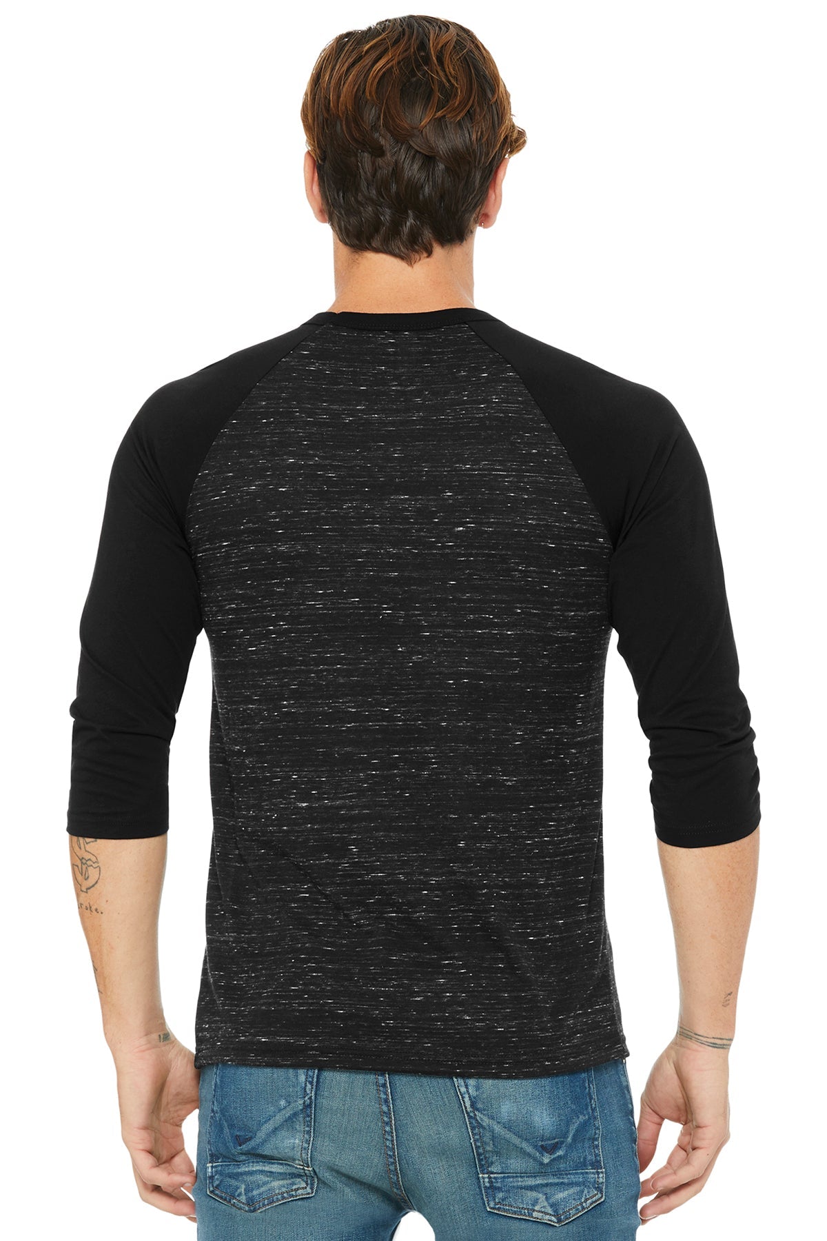 bella + canvas unisex 3/4-sleeve baseball t-shirt 3200 blck mrble/ blck