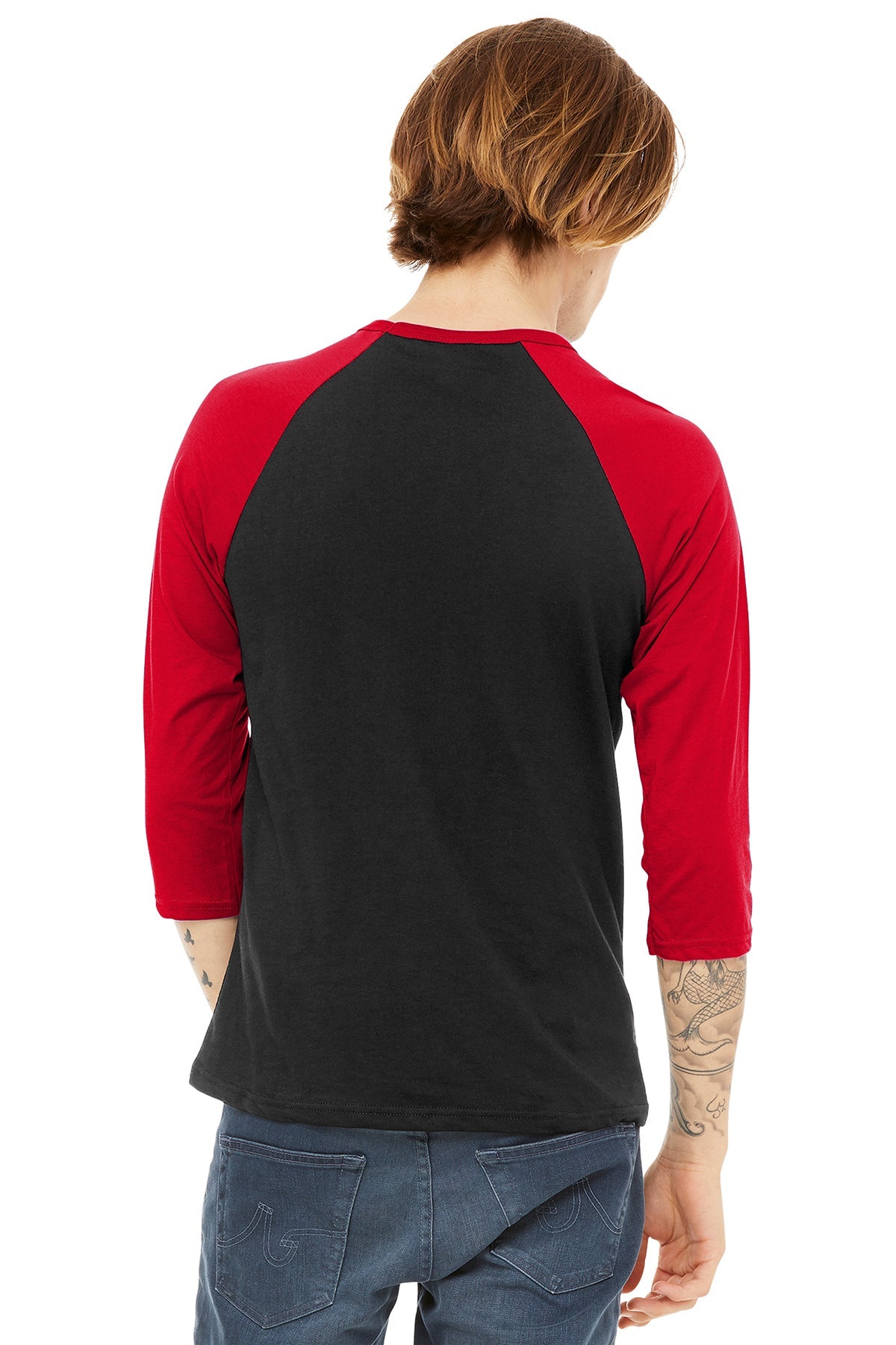 bella + canvas unisex 3/4-sleeve baseball t-shirt 3200 black/ red