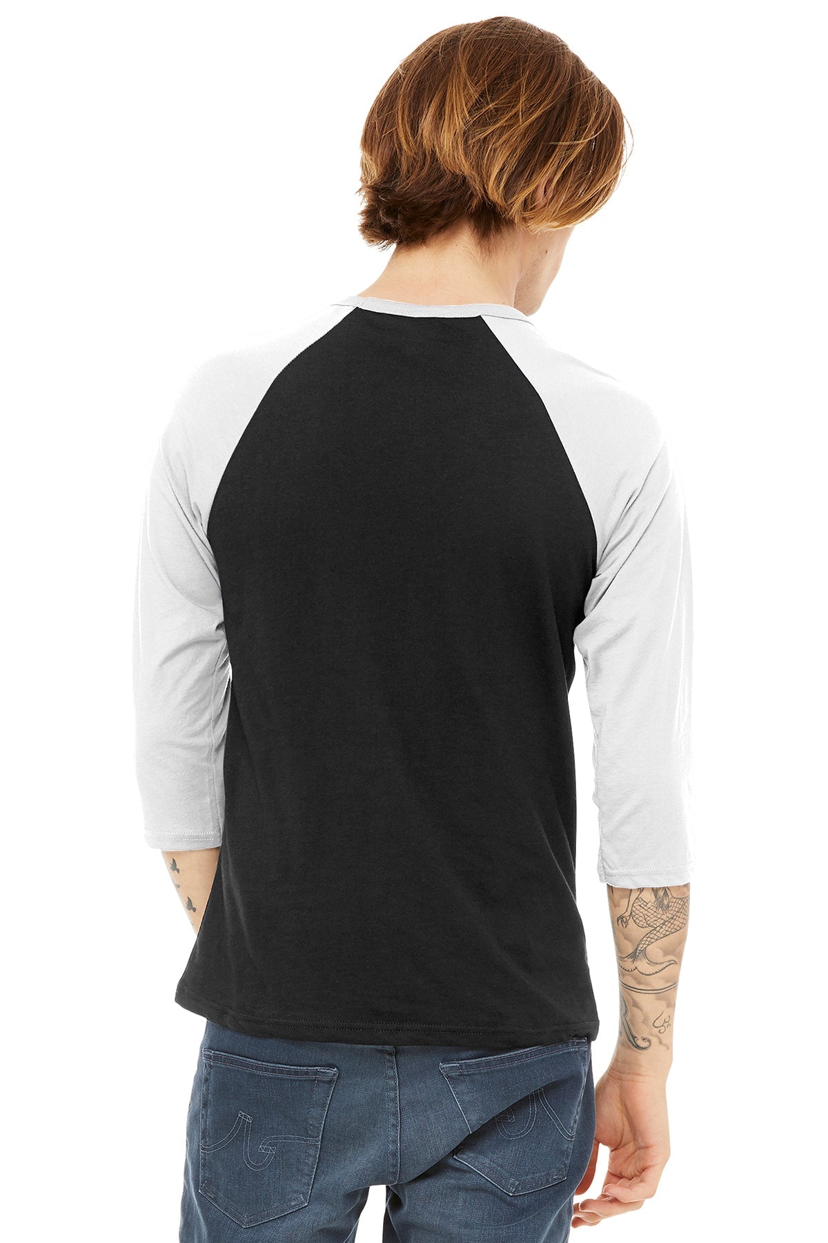 bella + canvas unisex 3/4-sleeve baseball t-shirt 3200 black/ white