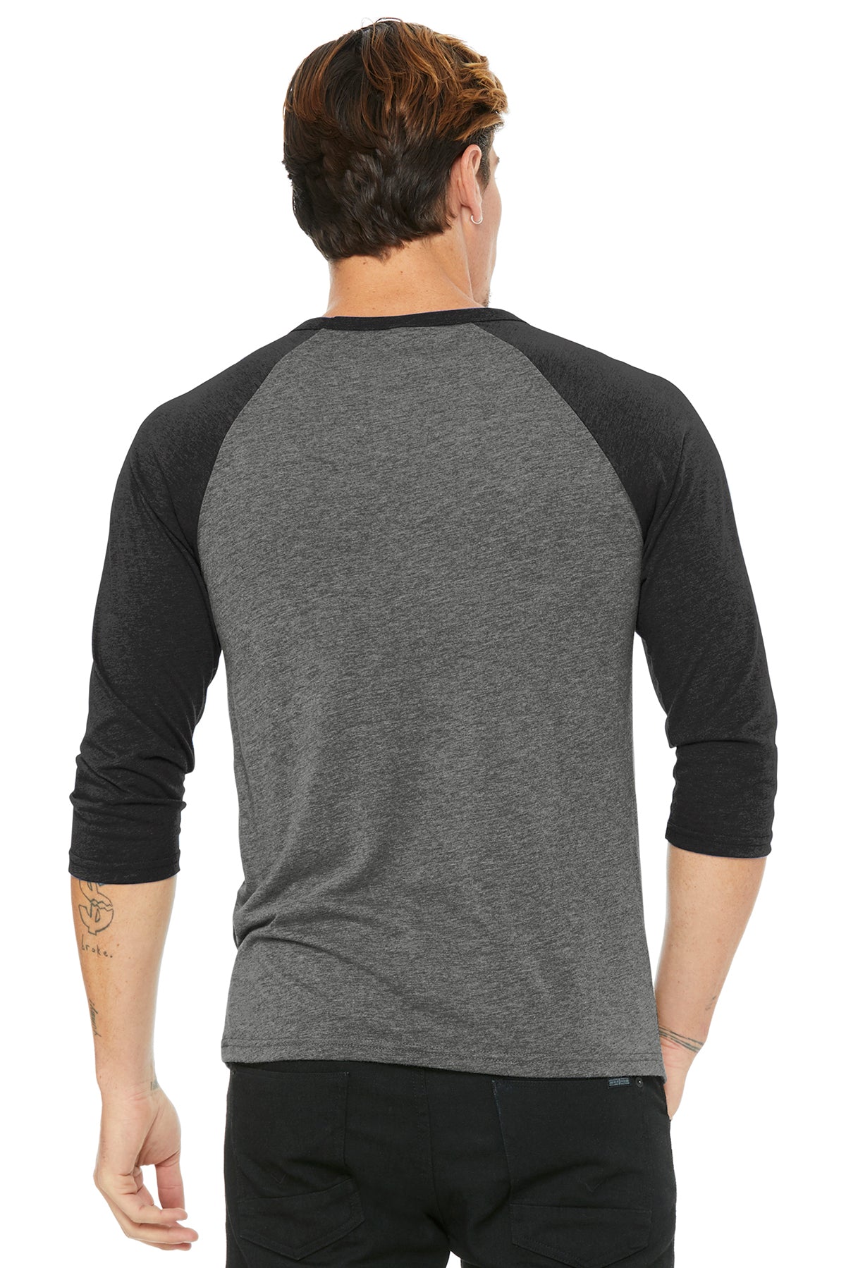 bella + canvas unisex 3/4-sleeve baseball t-shirt 3200 gry/ chr blk trb