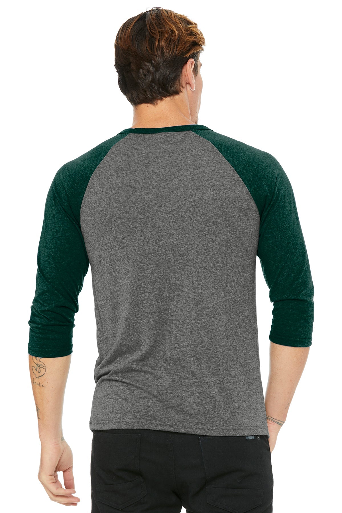 bella + canvas unisex 3/4-sleeve baseball t-shirt 3200 grey/ emerld trb