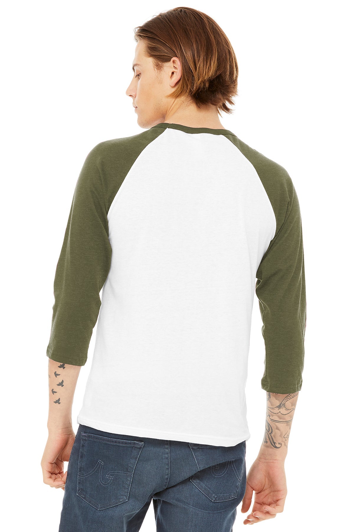 bella + canvas unisex 3/4-sleeve baseball t-shirt 3200 wht/ hthr olive