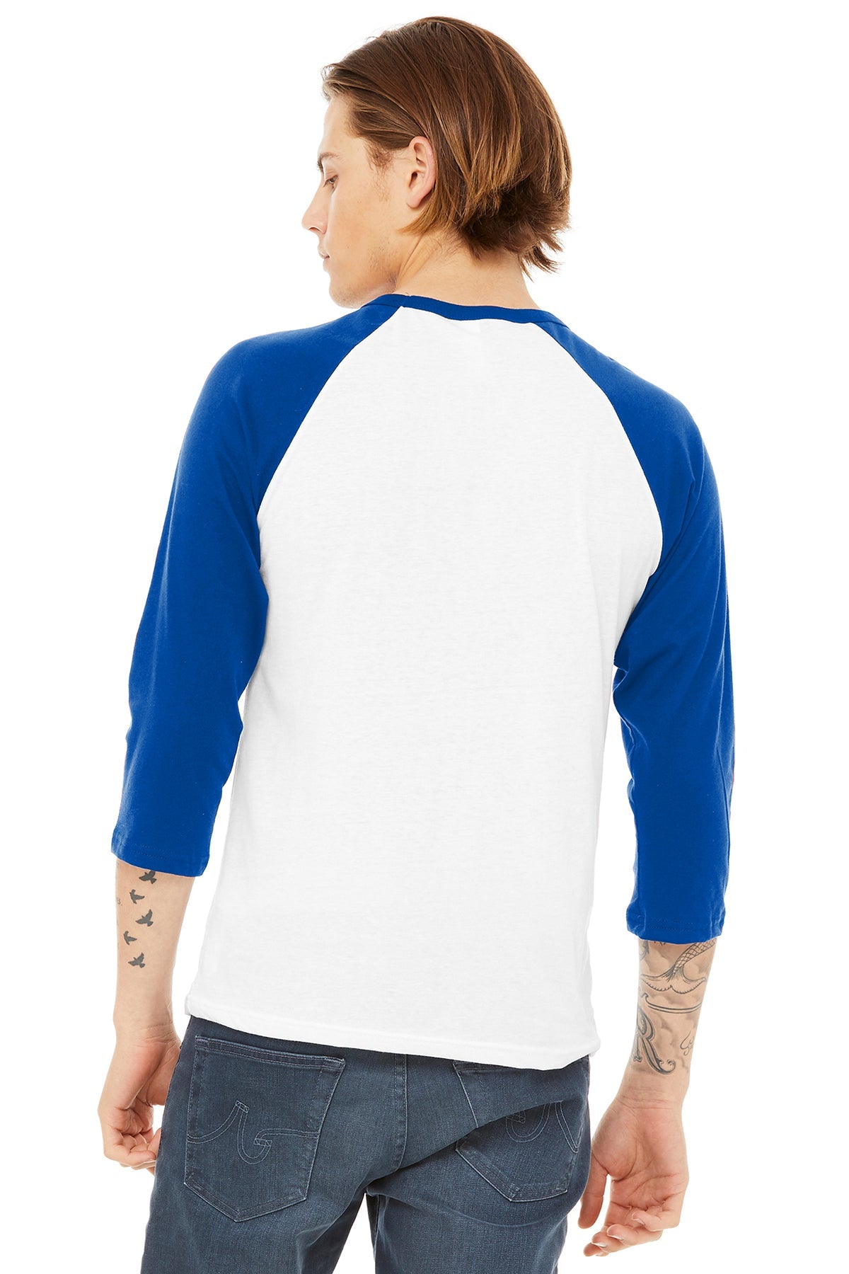 bella + canvas unisex 3/4-sleeve baseball t-shirt 3200 white/ tr royal