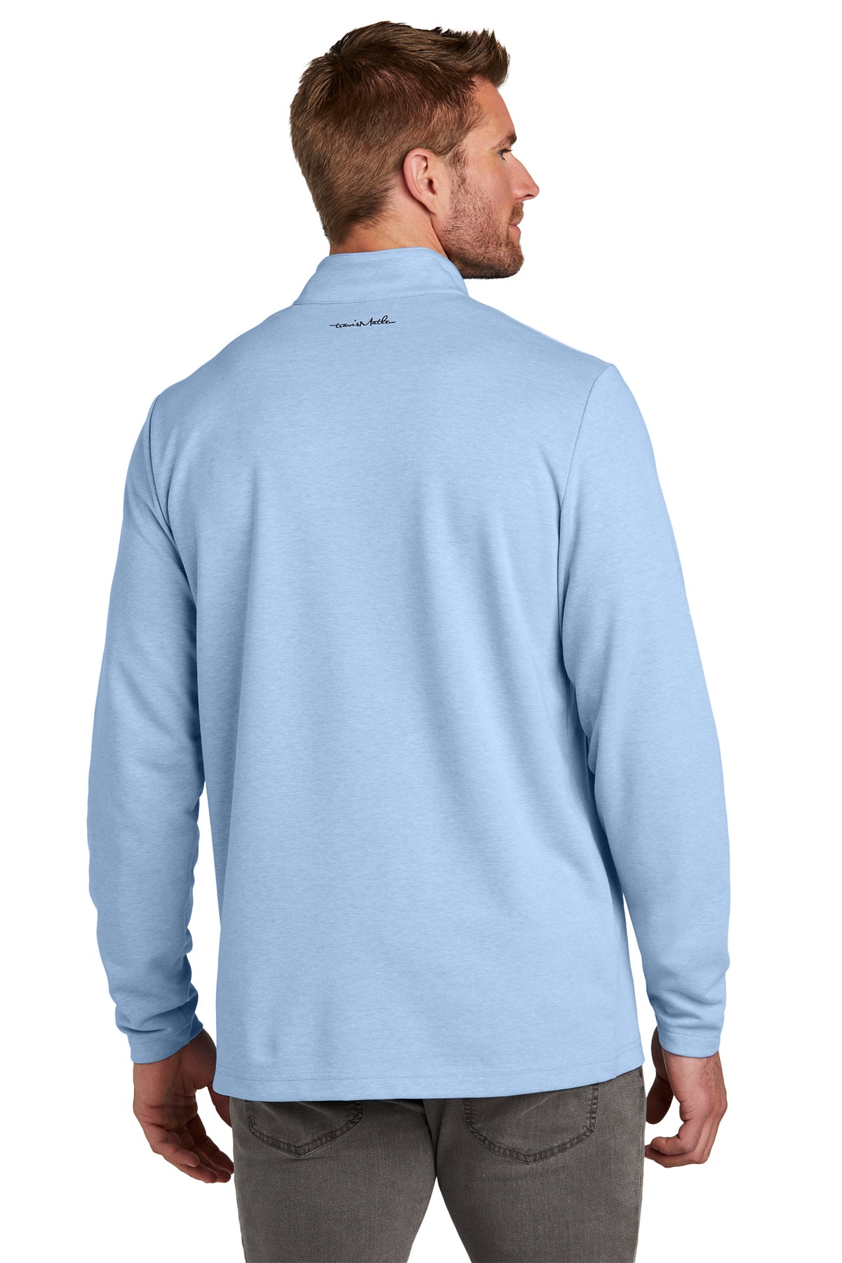 TravisMathew Coveside Branded Quarter Zips, Light Blue Heather
