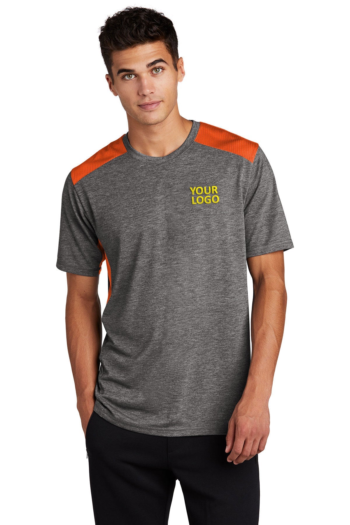 sport-tek posicharge tri-blend wicking draft tee st410 deep orange/dark grey heather