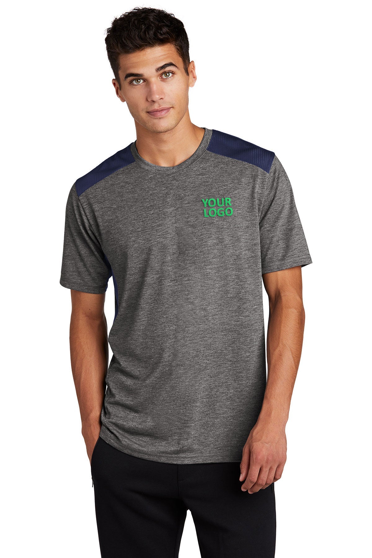 sport-tek posicharge tri-blend wicking draft tee st410 true navy/dark grey heather