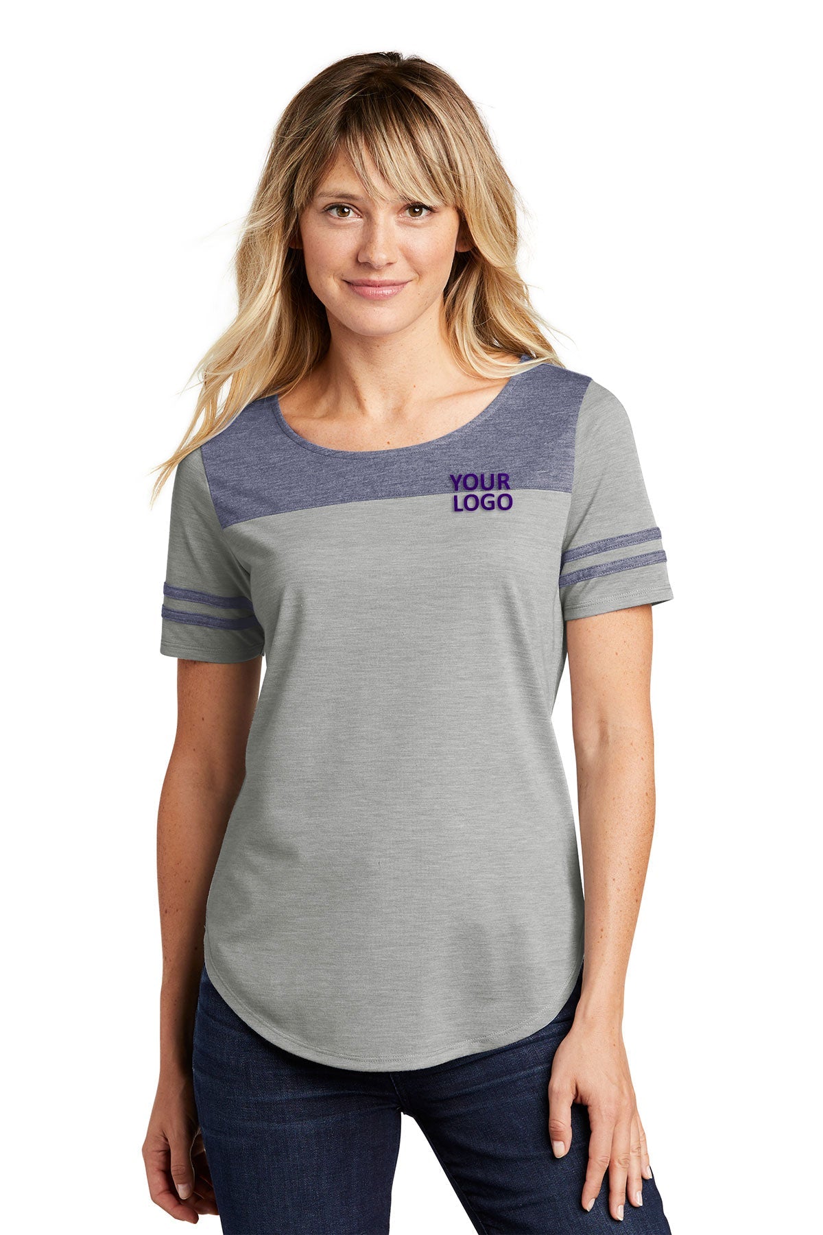 sport-tek ladies posicharge tri-blend wicking fan tee lst403 true navyheather/ light grey heather
