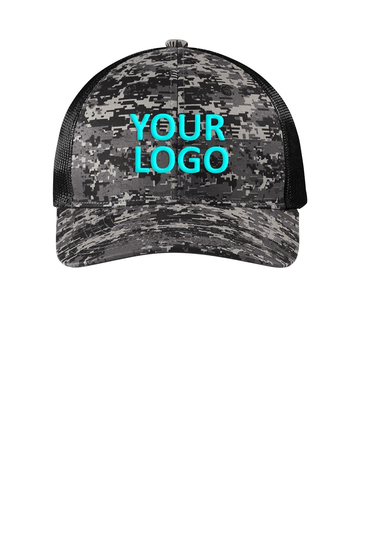 Port Authority Digi Camo Snapback Trucker Branded Caps, Black Digi/Black