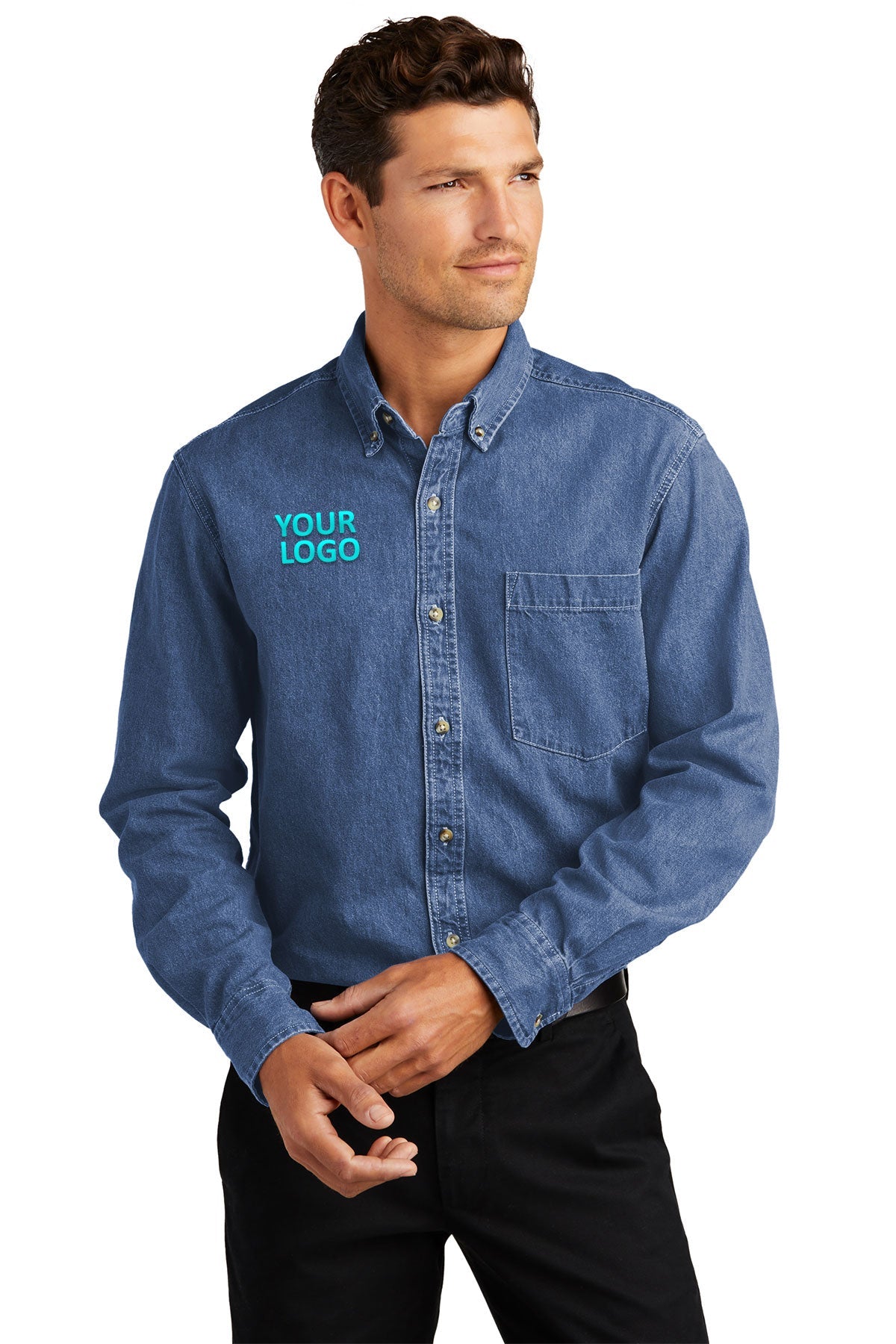 Port Authority Heavyweight Custom Denim Shirts, Dark Blue Stonewashed [NARENCO]