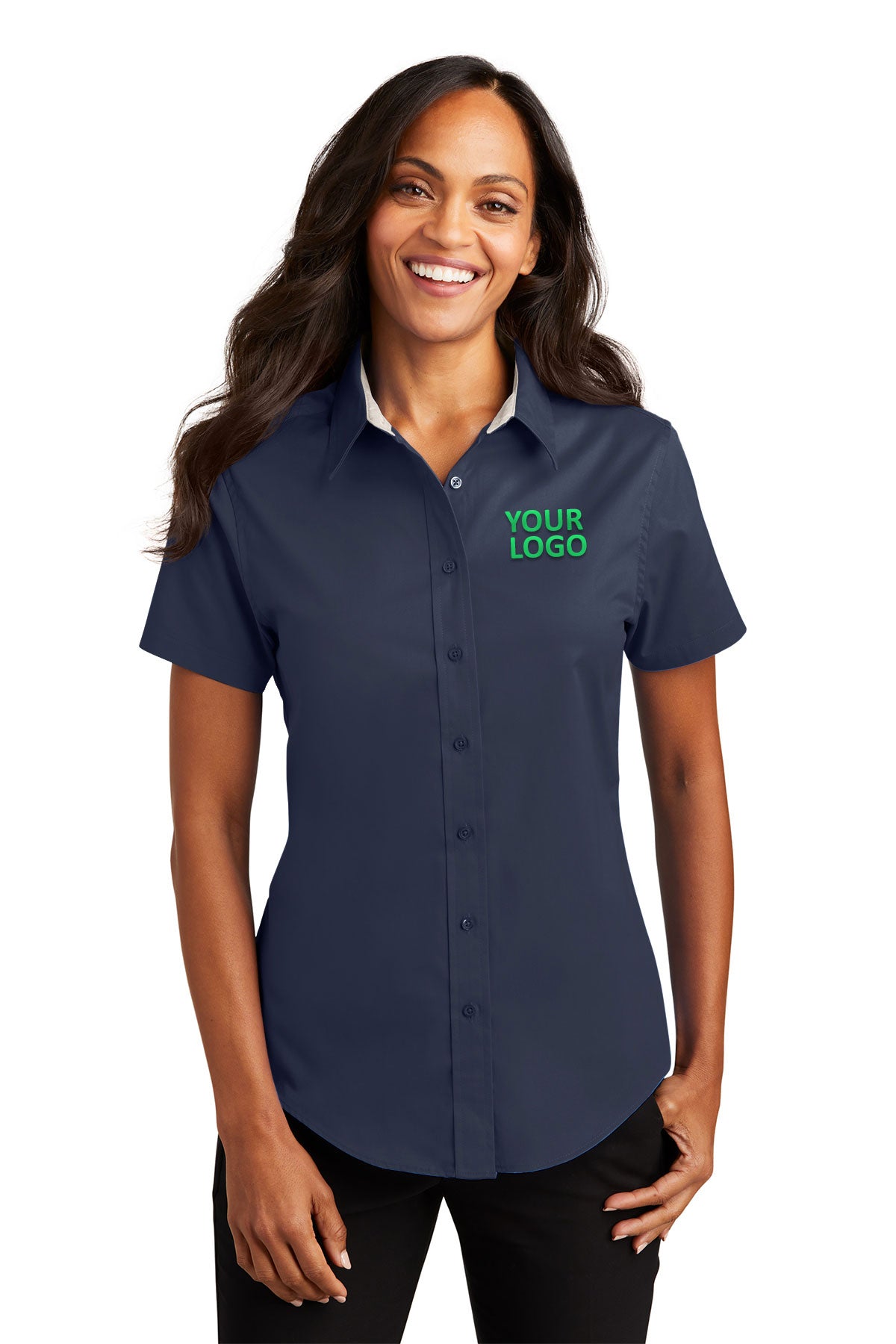 Port Authority Ladies Short Sleeve Easy Care Branded Shirts, Navy/Light Stone