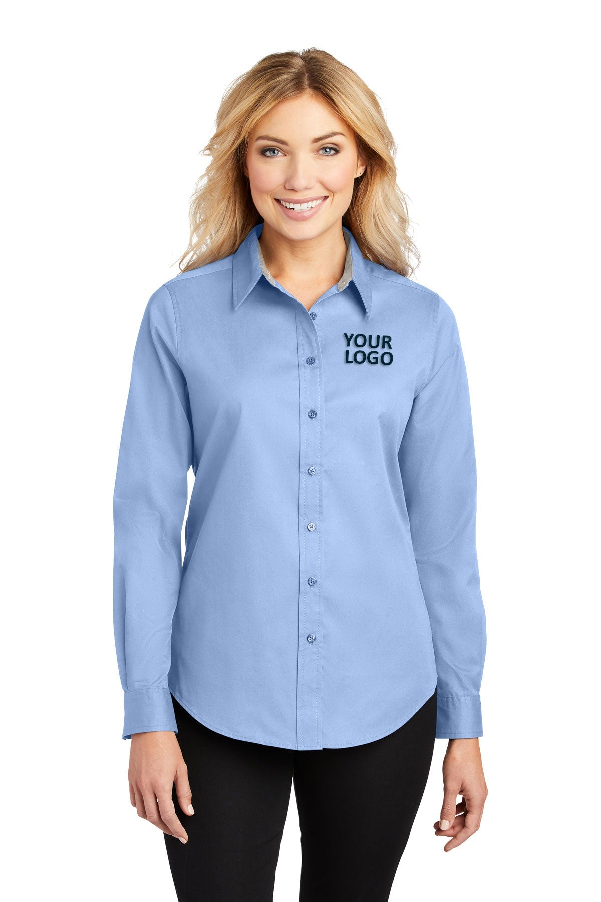 Port Authority Light Blue/Light Stone L608 logo shirts
