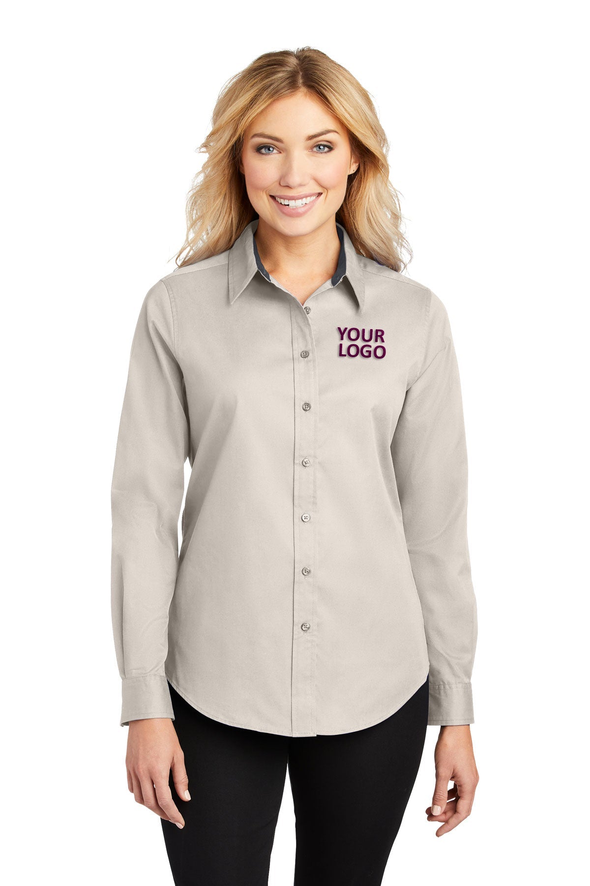 Port Authority Light Stone/ Classic Navy L608 logo shirts
