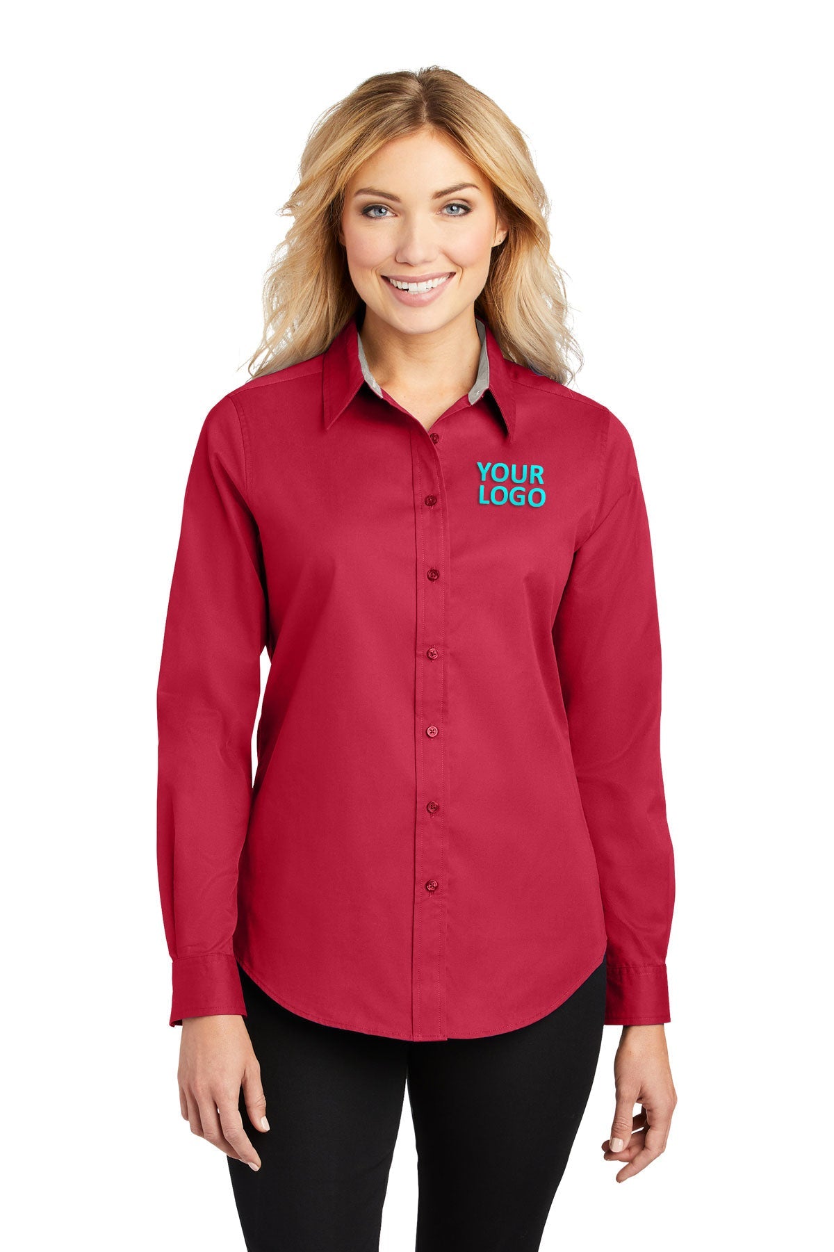 Port Authority Red/Light Stone L608 custom embroidered shirts