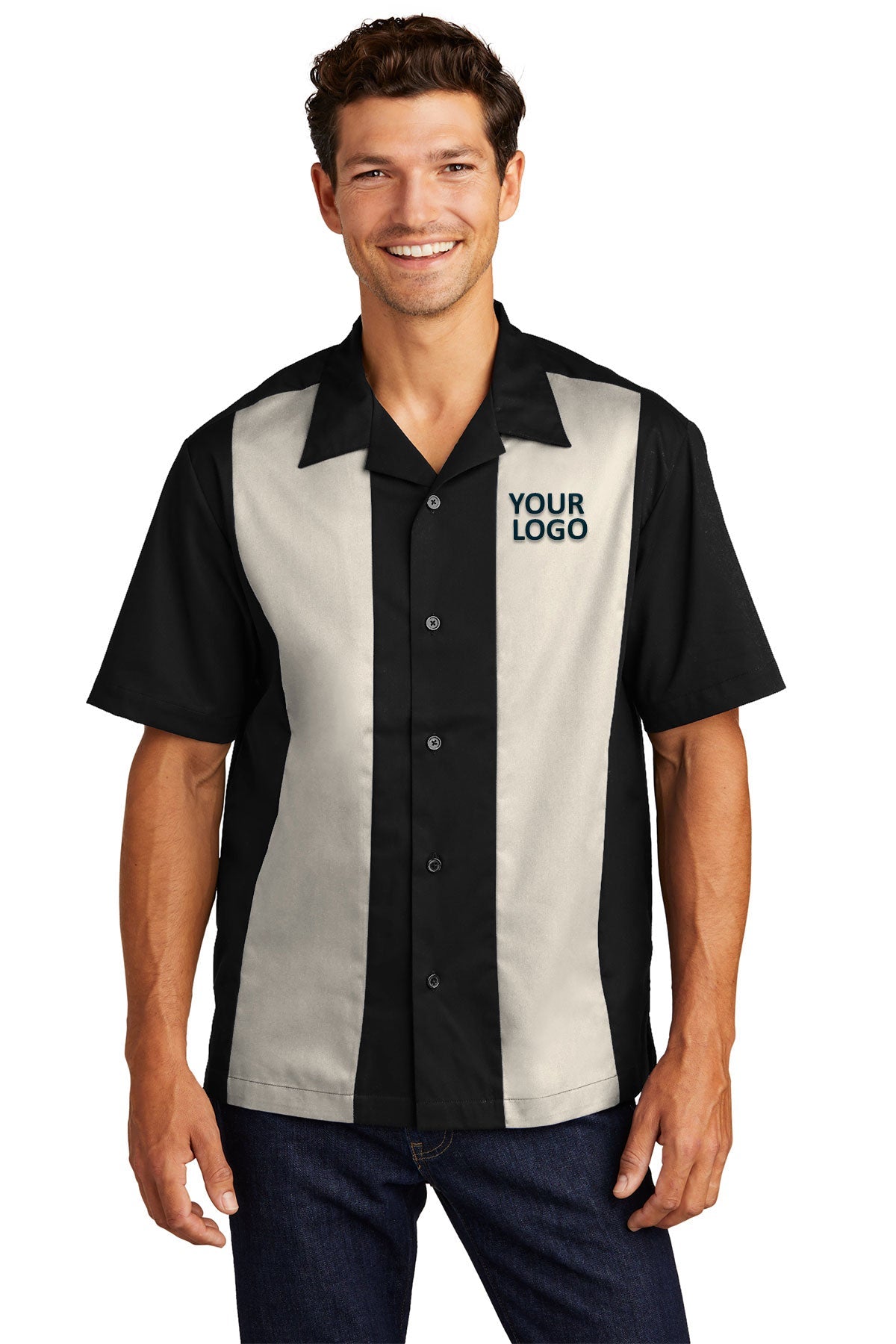 Port Authority Retro Branded Camp Shirts, Black/Light Stone