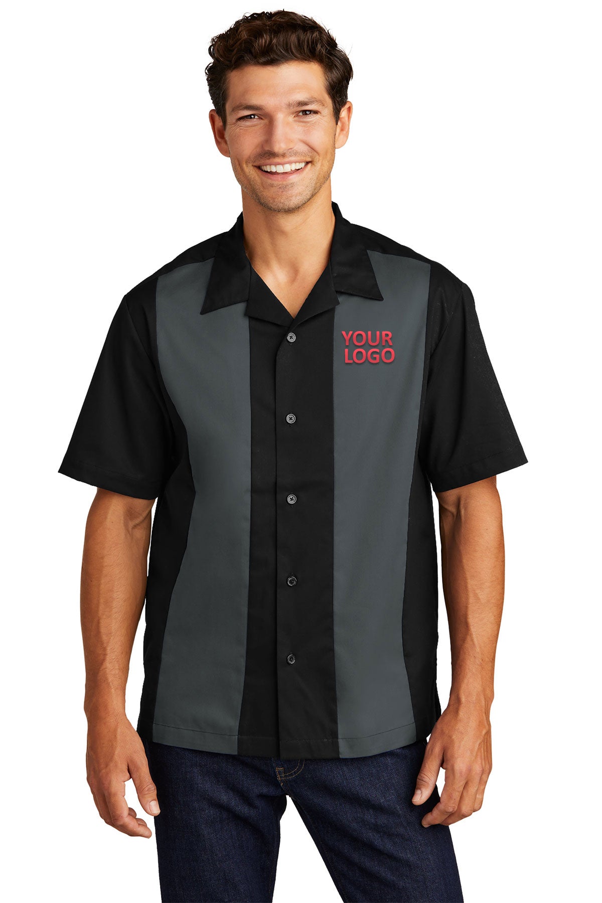 Port Authority Retro Branded Camp Shirts, Black/Steel Grey