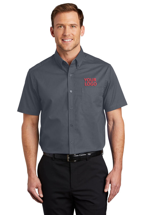 Port Authority Ladies Short Sleeve Easy Care Branded Shirts, Steel Grey/Light Stone