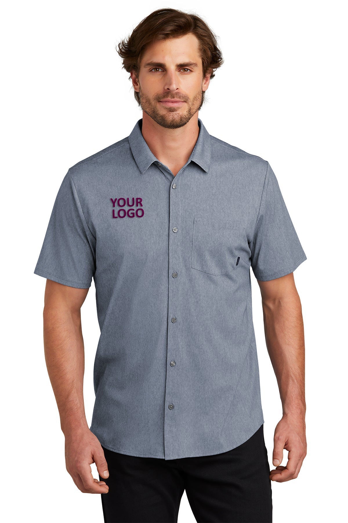 OGIO Extend Short Sleeve Custom Button Downs, Deep Blue Heather [AL Adams Construction]