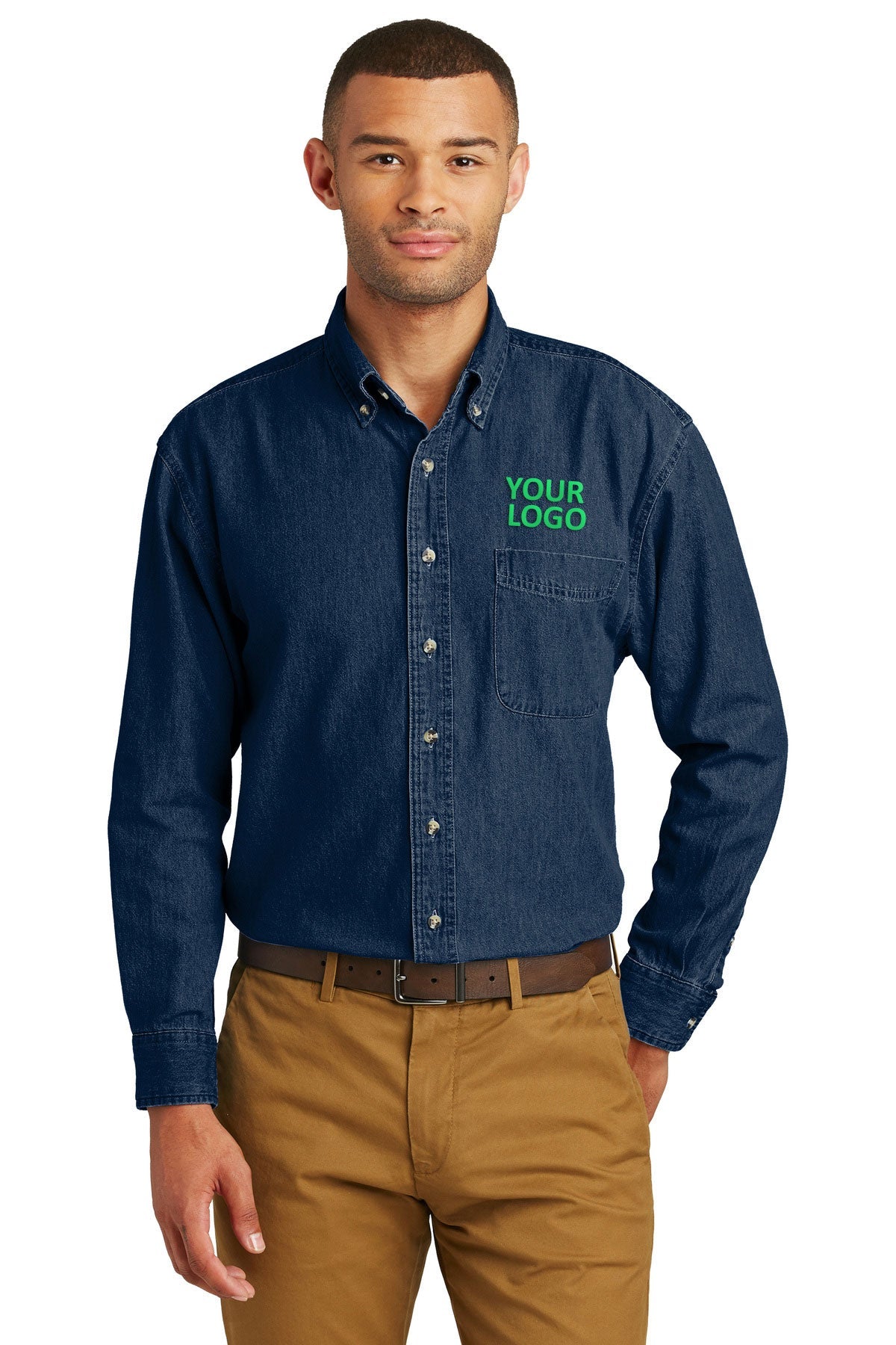 Port & Company Long Sleeve Custom Denim Shirts, Ink Blue