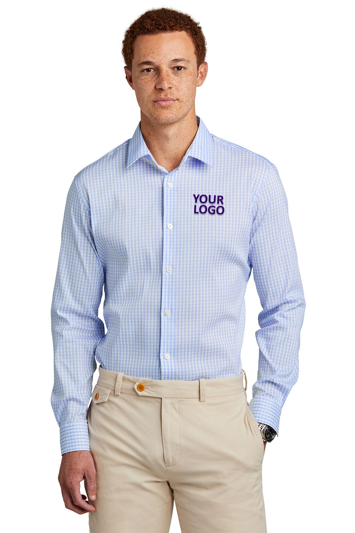 Brooks Brothers Newport Blue/ Pearl Pink Fine Check BB18006 work shirts with logo