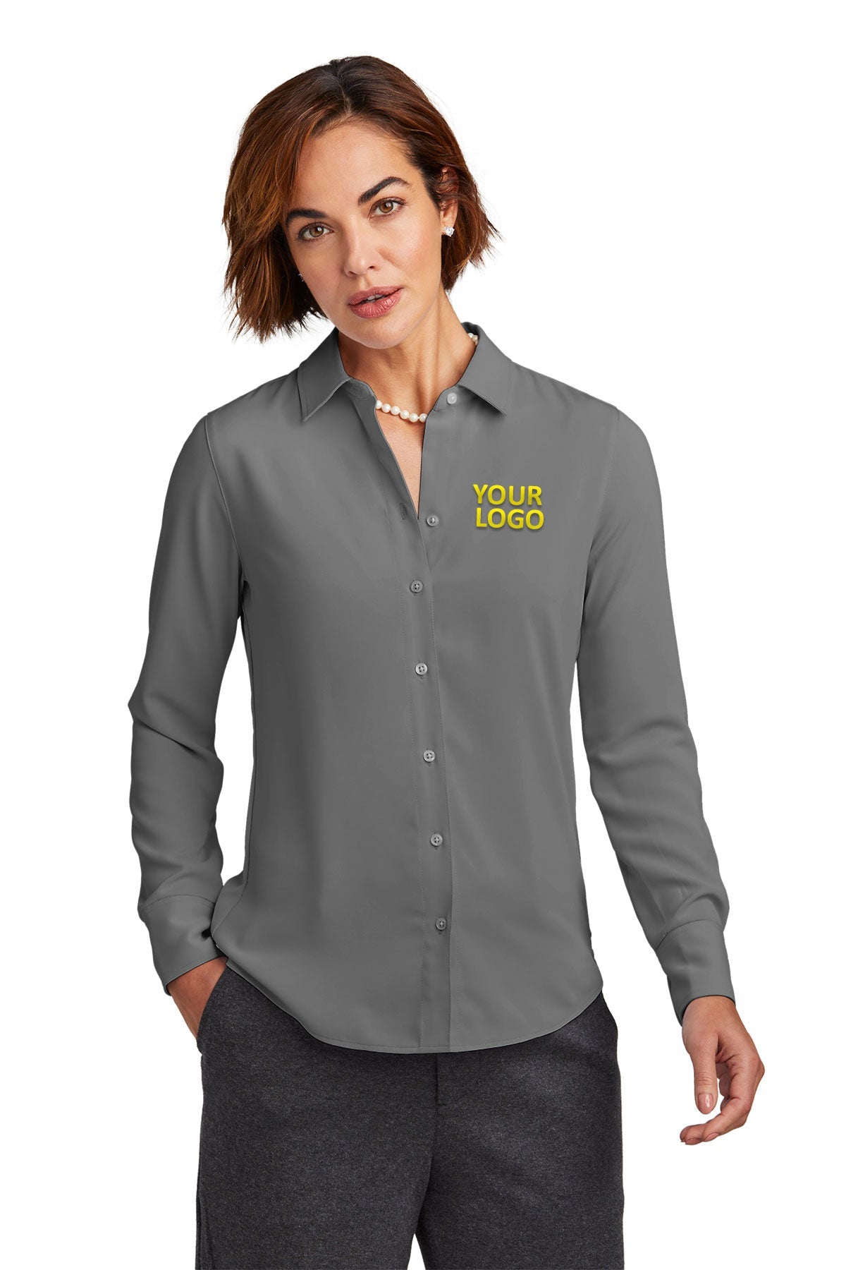 Brooks Brothers Womens Full-Button Satin Blouse, Shadow Grey