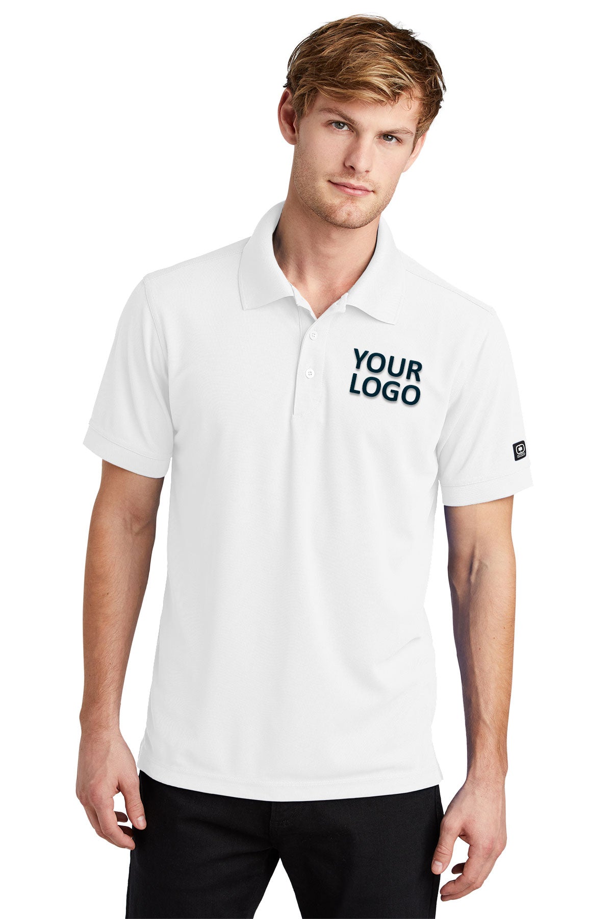 OGIO Bright White OG101 custom polo shirts embroidered