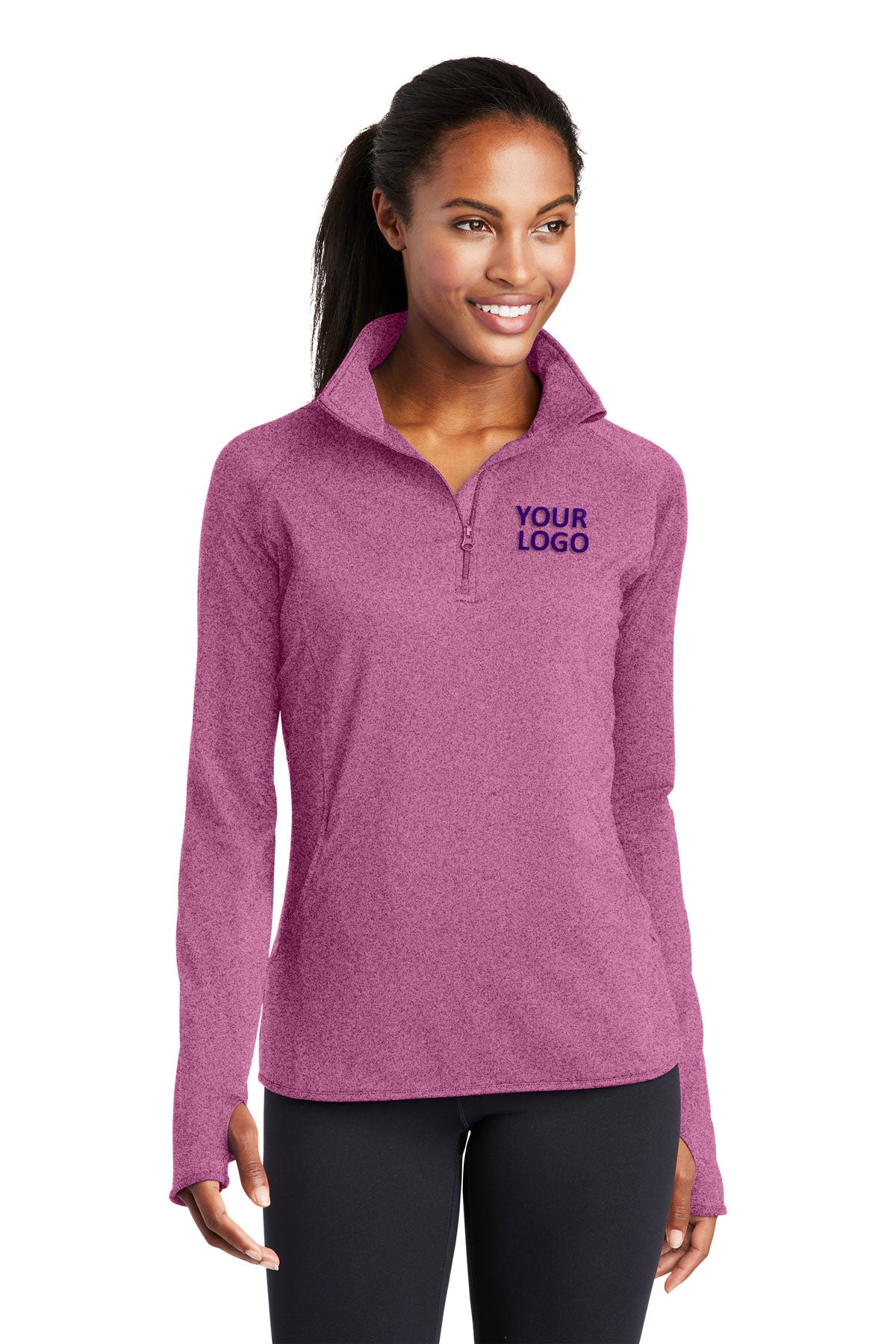 Sport-Tek Ladies Sport-Wick Stretch Branded 1/2-Zip Pullovers, Pink Rush Heather