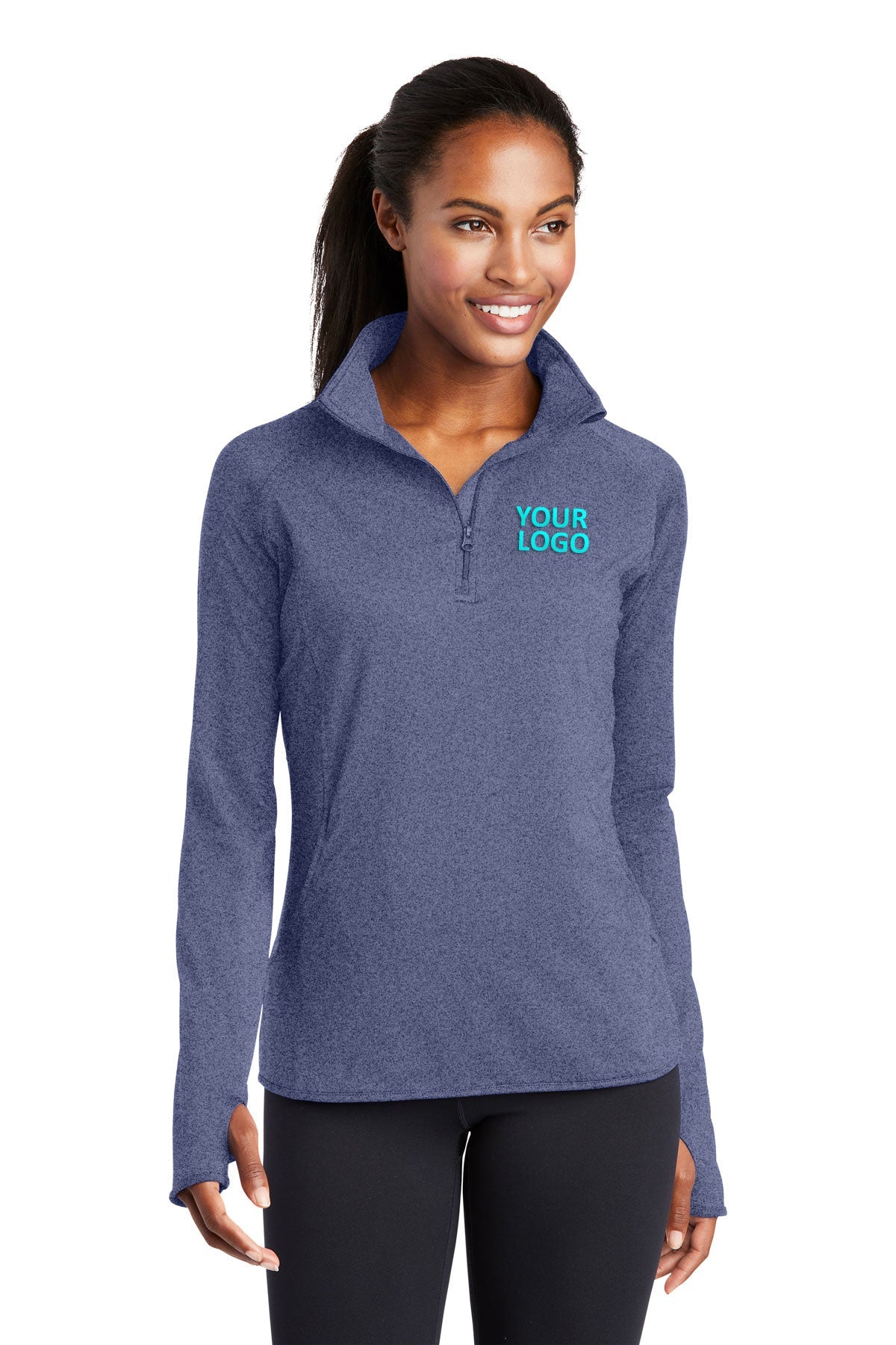 Sport-Tek Ladies Sport-Wick Stretch Branded 1/2-Zip Pullovers, True Navy Heather