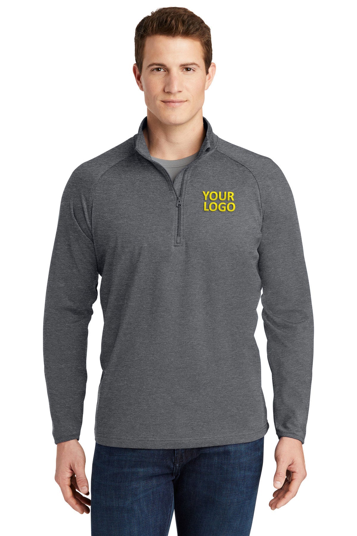 Sport-Tek Sport-Wick Stretch Branded 1/2-Zip Pullovers, Charcoal Grey Heather