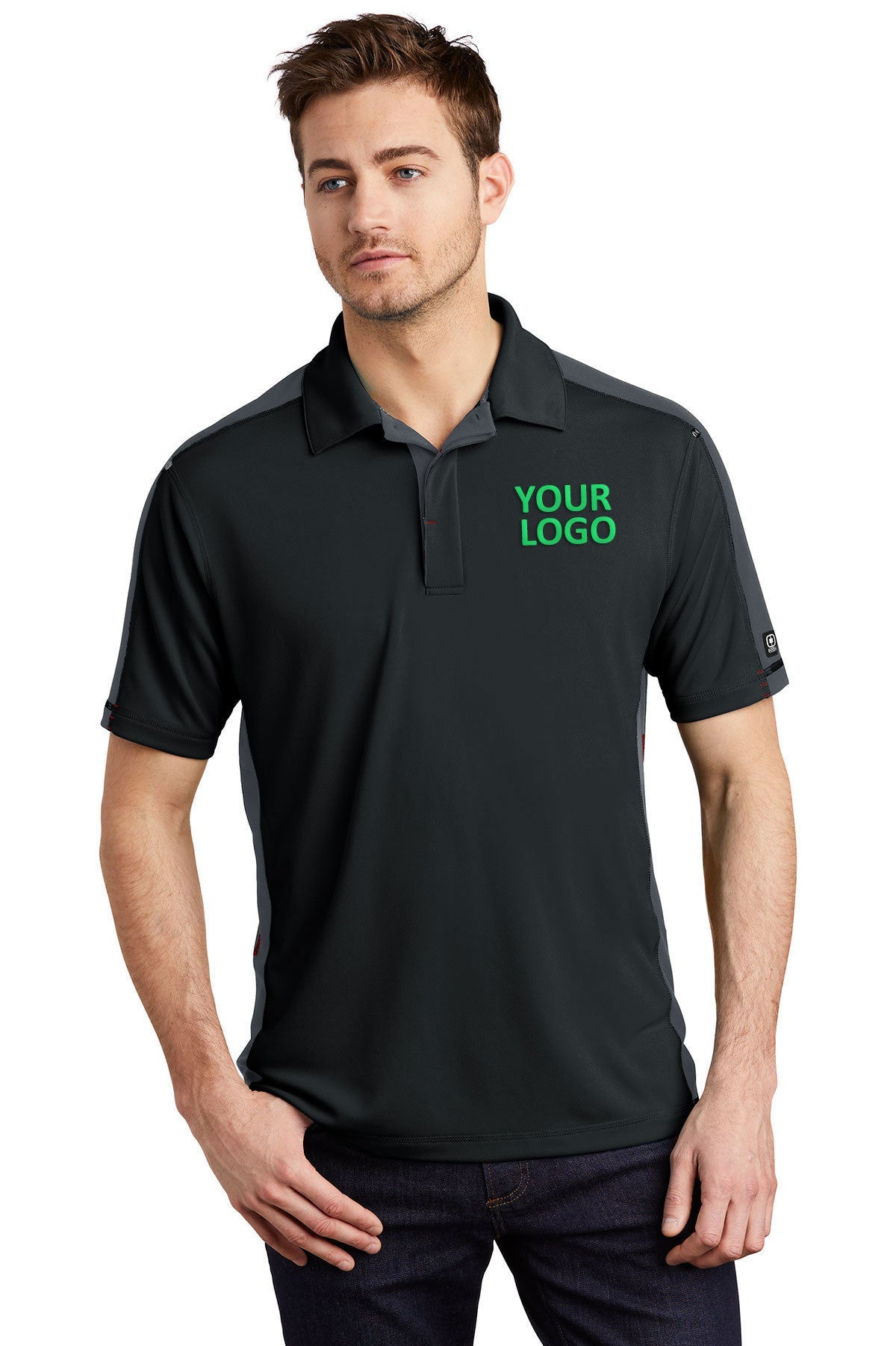 OGIO Blacktop/Diesel Grey/Signal Red OG106 custom polo shirts embroidered