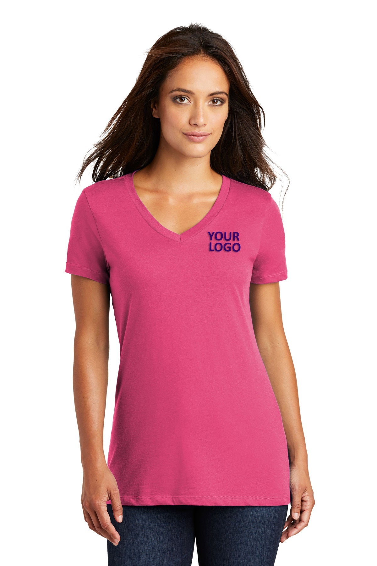 District Made Ladies Perfect Weight V-Neck Tee's, Dark Fuchsia