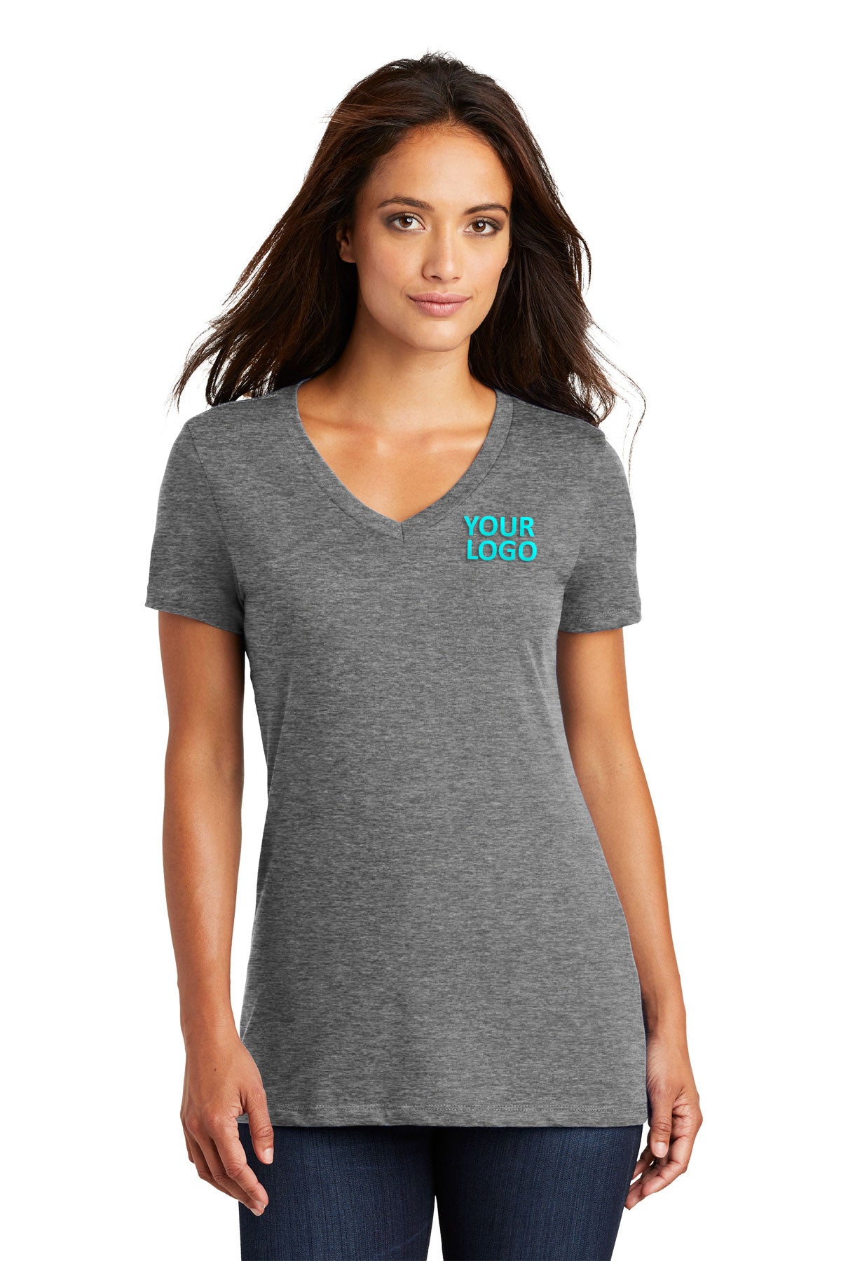 District Made Ladies Perfect Weight V-Neck Tee's, Heathered Nickel