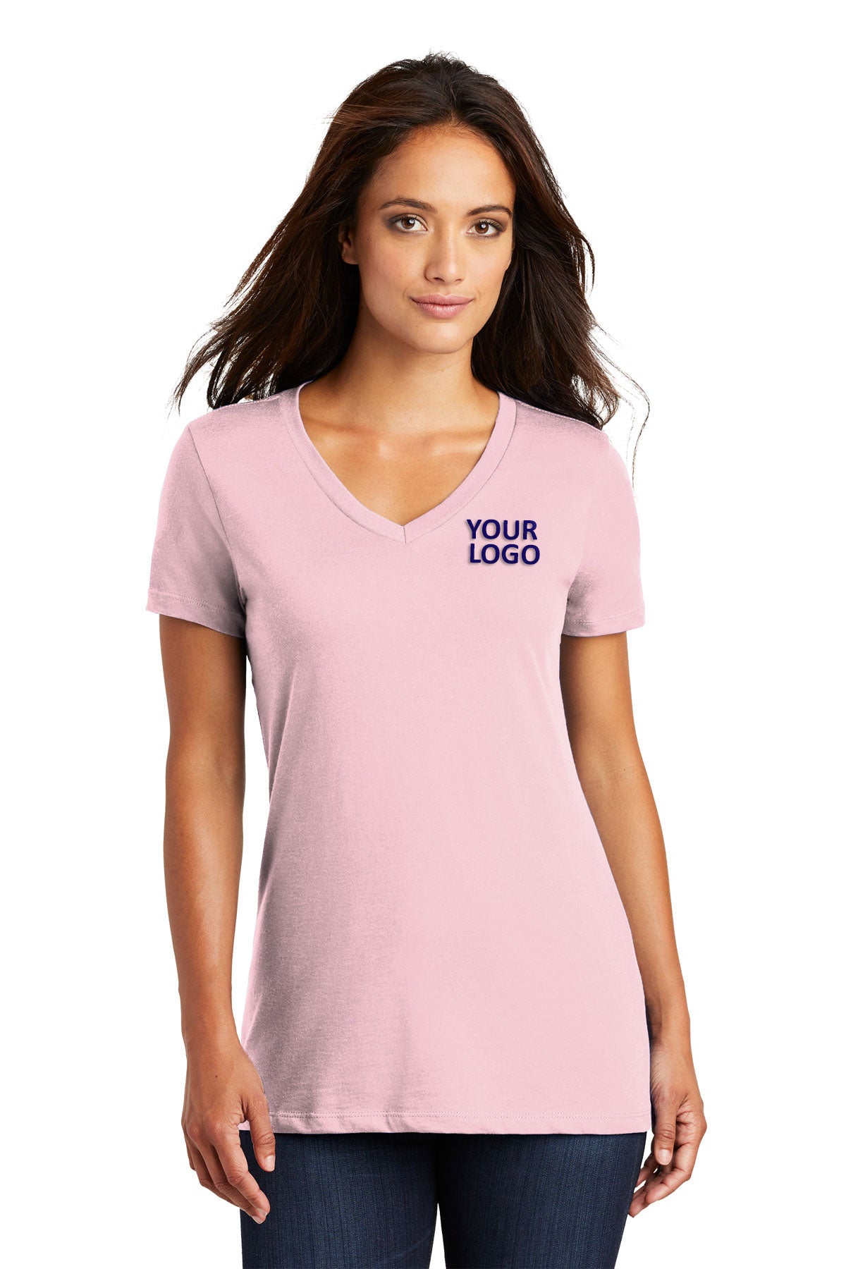 District Made Ladies Perfect Weight V-Neck Tee's, Light Pink