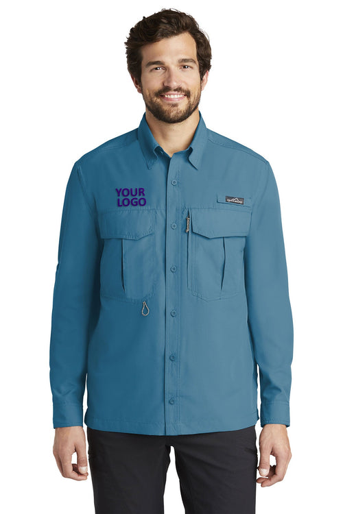 Eddie Bauer Short Sleeve Performance Branded Fishing Shirts, Gulf Teal
