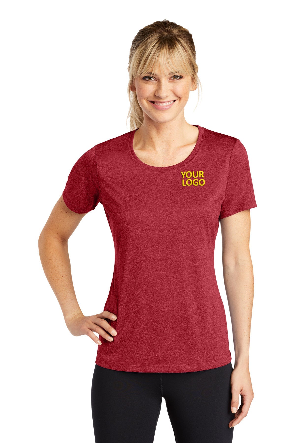 Sport-Tek Ladies Heather Contender Branded Scoop Neck Tee's, Scarlet Heather