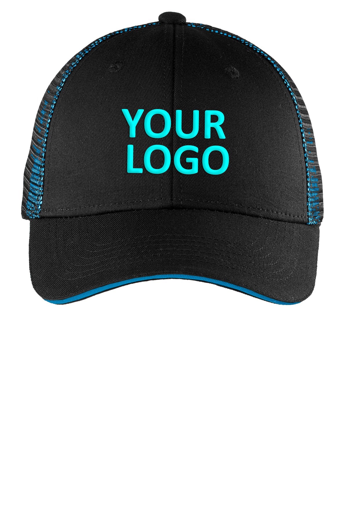 Port Authority Double Mesh Snapback Sandwich Bill Customized Caps, Black/ Shock Blue