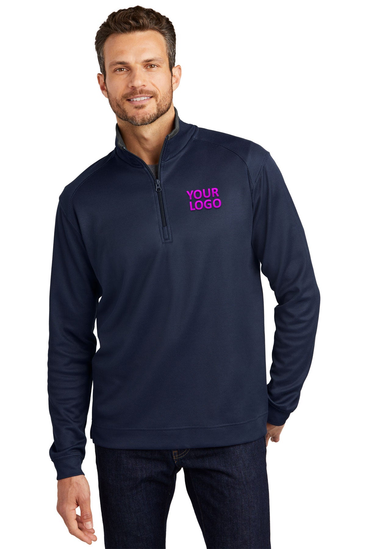 Port Authority Vertical Texture 1/4-Zip Branded Pullovers, True Navy/ Iron Grey