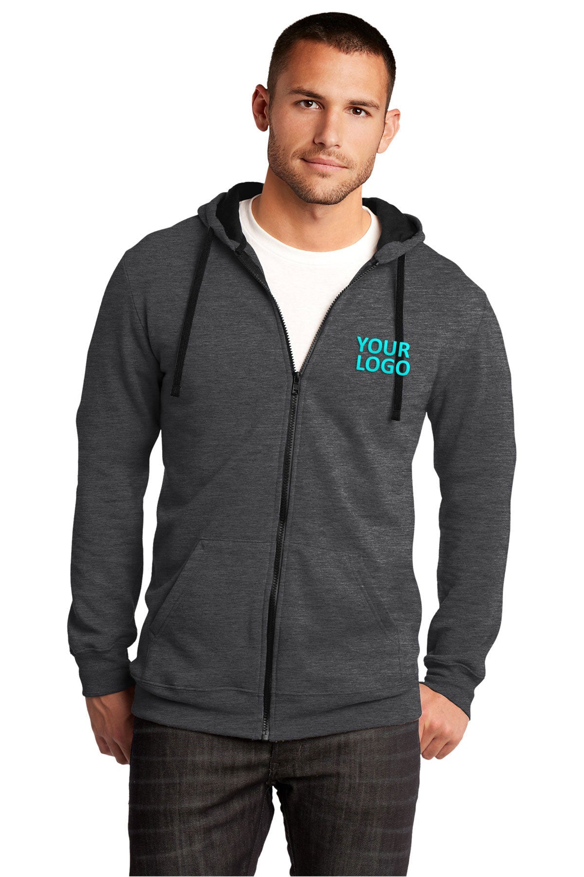 District Young Mens Concert Full-Zip Hoodies, Heathered Charcoal [Adam Equipment]